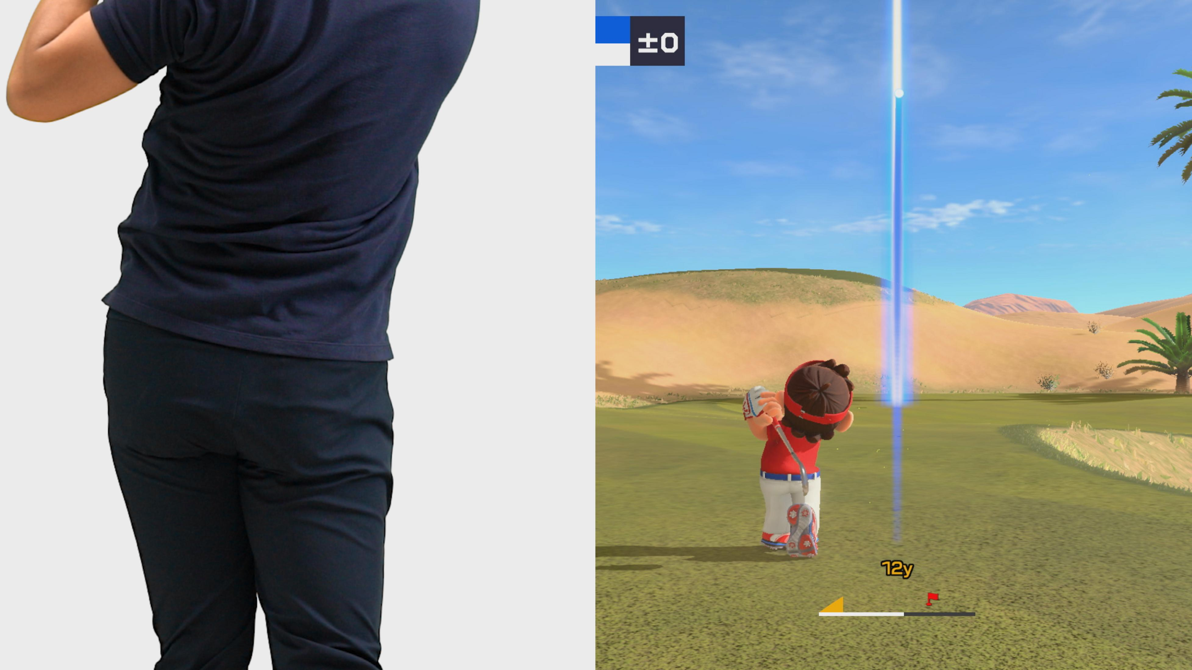Un uomo brandisce una mazza da golf, accanto una vista di gioco con un golfista cartone animato.