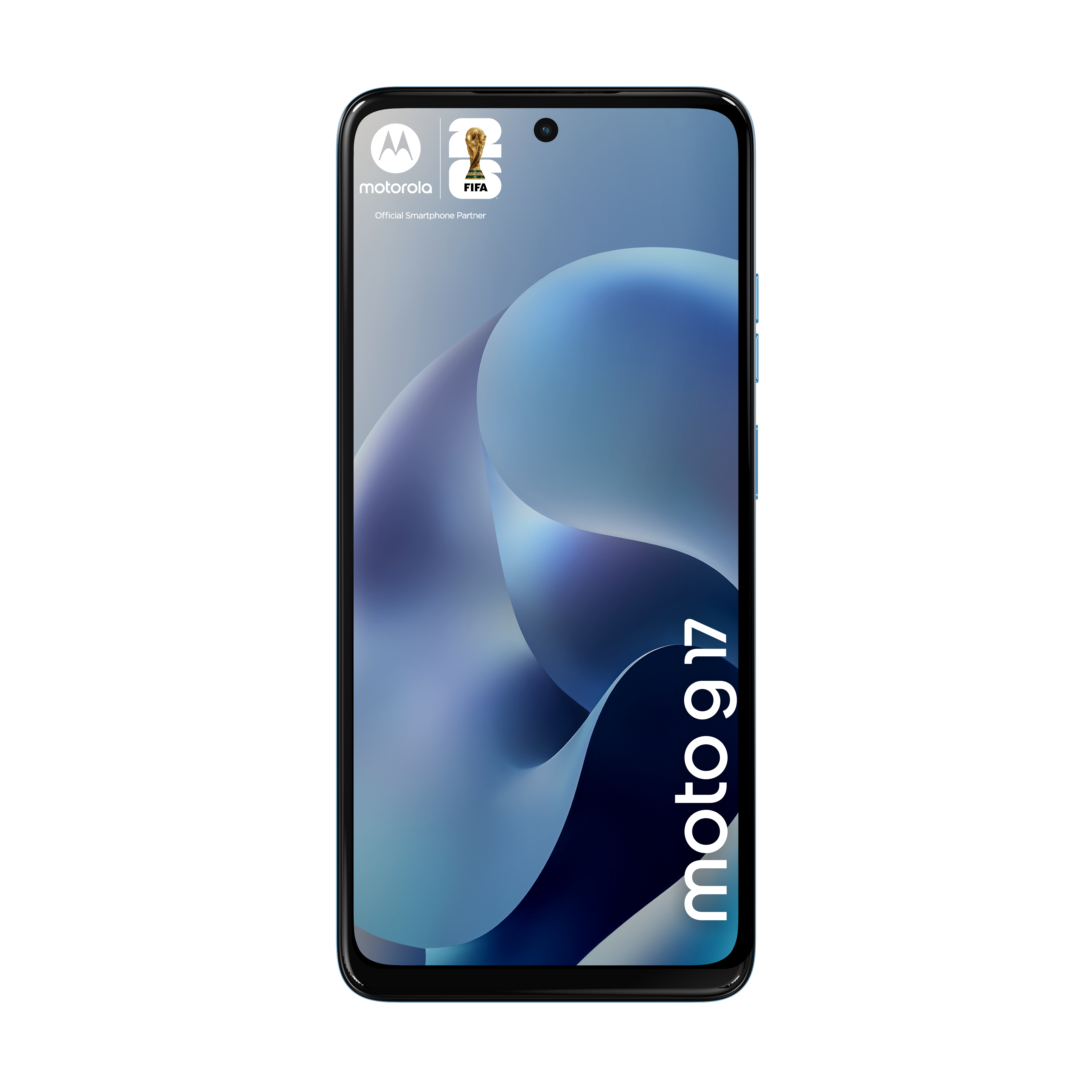Uno smartphone Motorola Moto G17 con logo FIFA e onde blu astratte.