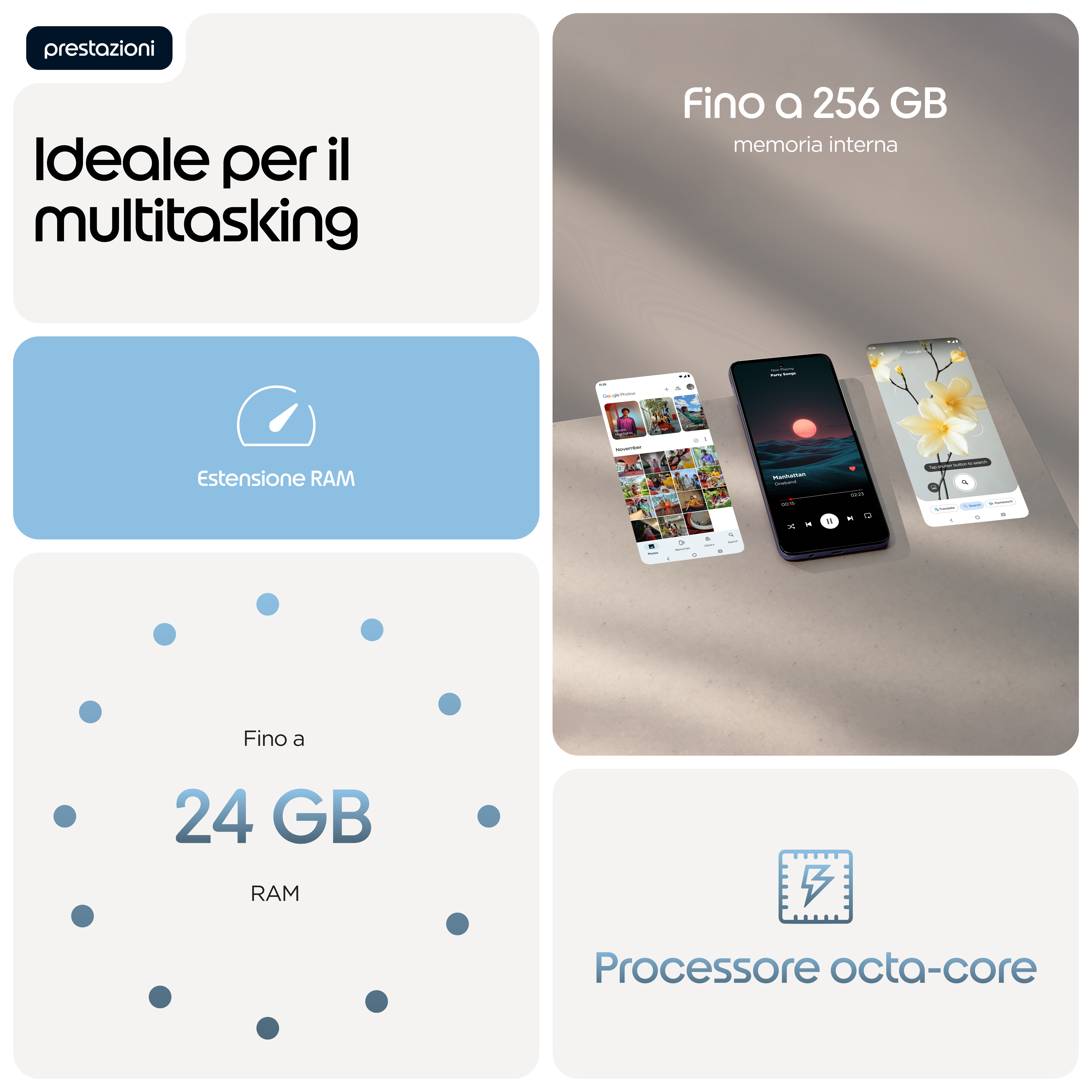Diversi smartphone mostrano funzionalità come 256 GB di memoria, estensione RAM e processore octa-core.