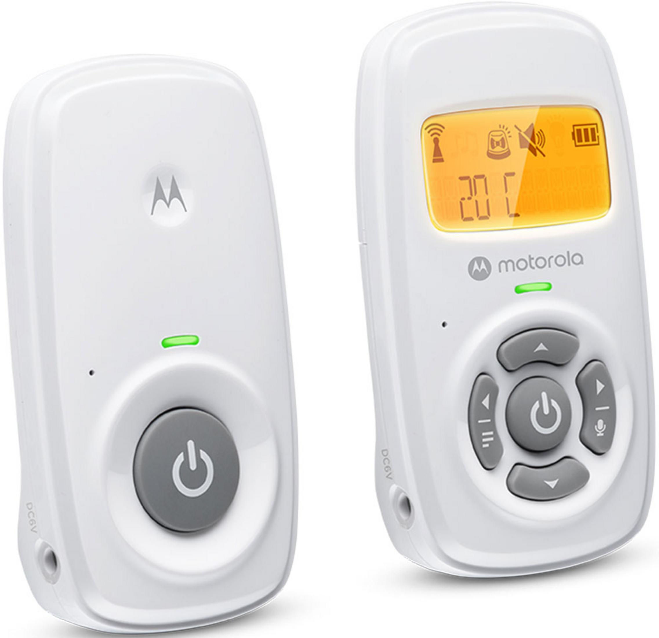 Zwei weiße Motorola Babyphones. Eines zeigt Temperatur- und Symbol-Icons.