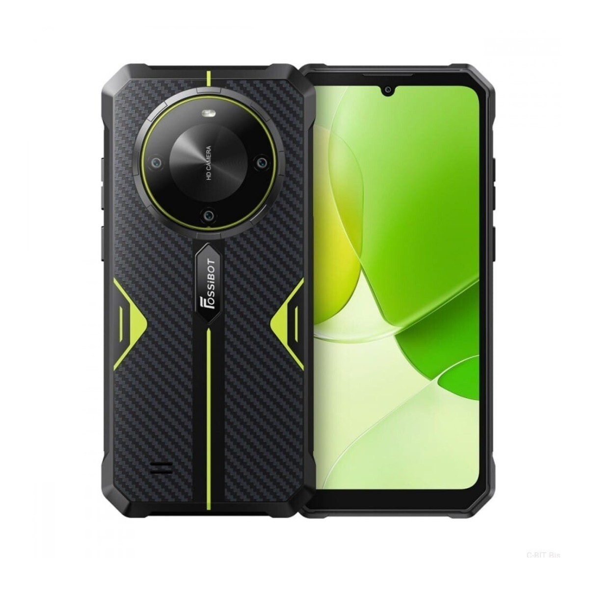 Smartphone robusto con motivo in carbonio nero, accenti gialli e fotocamera HD rotonda.