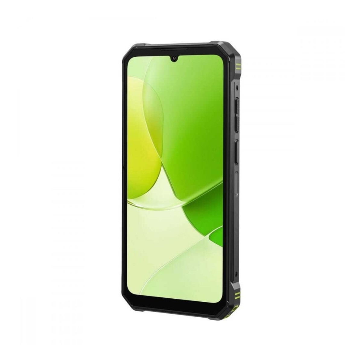 Uno smartphone nero con uno sfondo astratto verde sul suo schermo.