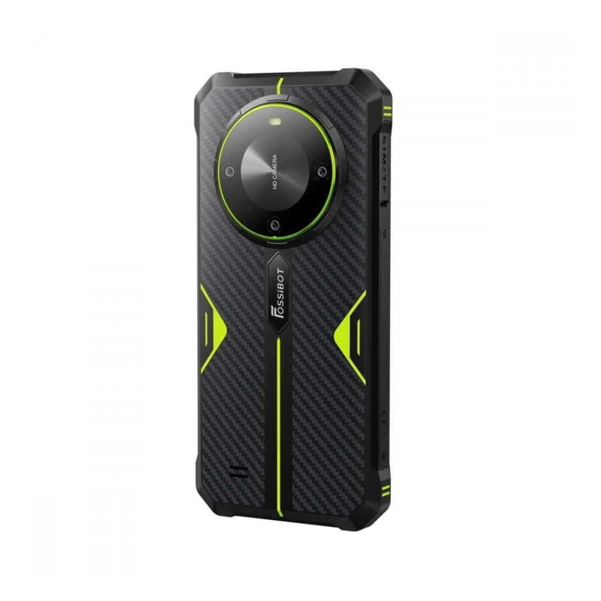 Uno smartphone robusto con design nero e verde, fotocamera rotonda e logo testuale.