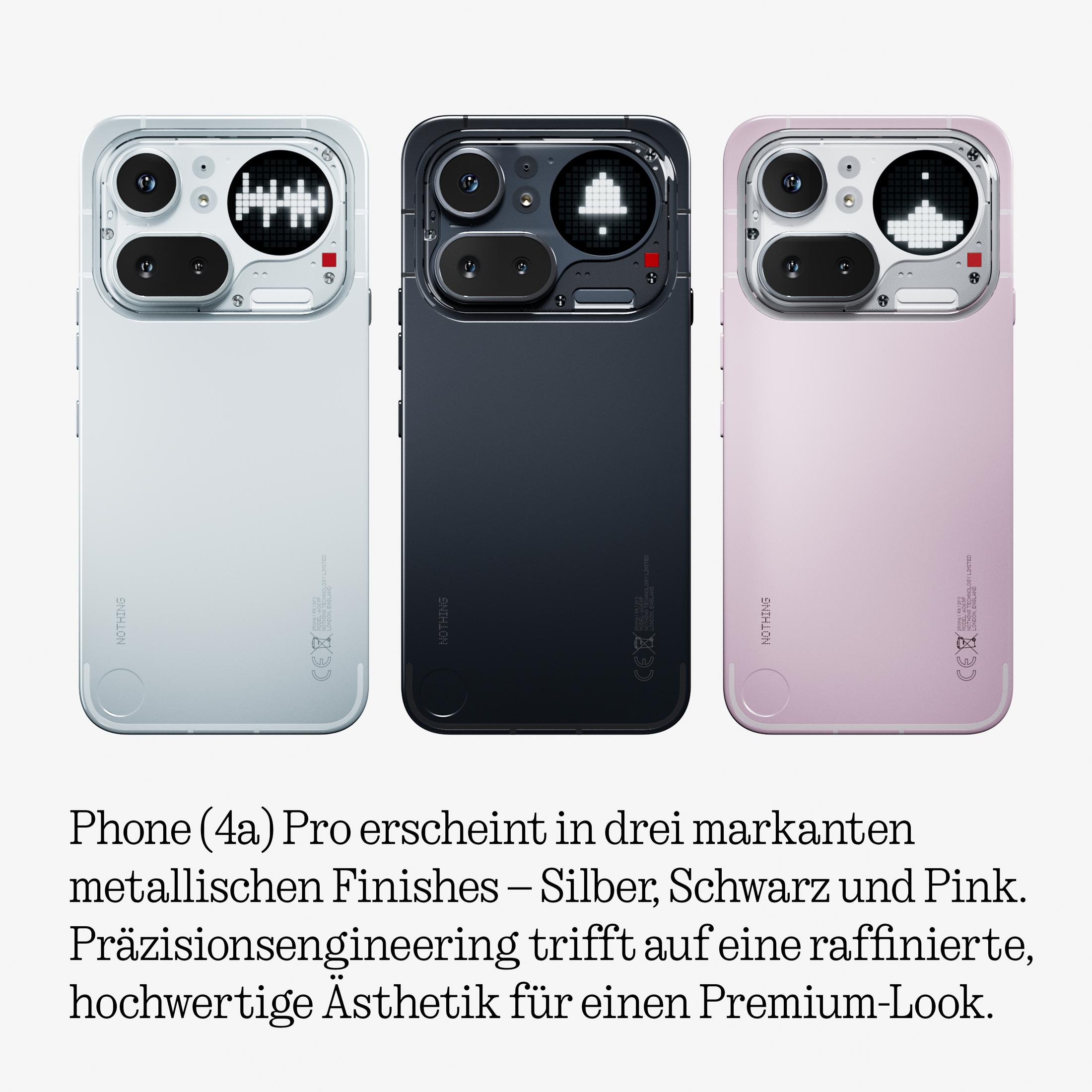 Drei Handys in Silber, Schwarz und Pink mit Kameramodulen und Glpyh-Interface.