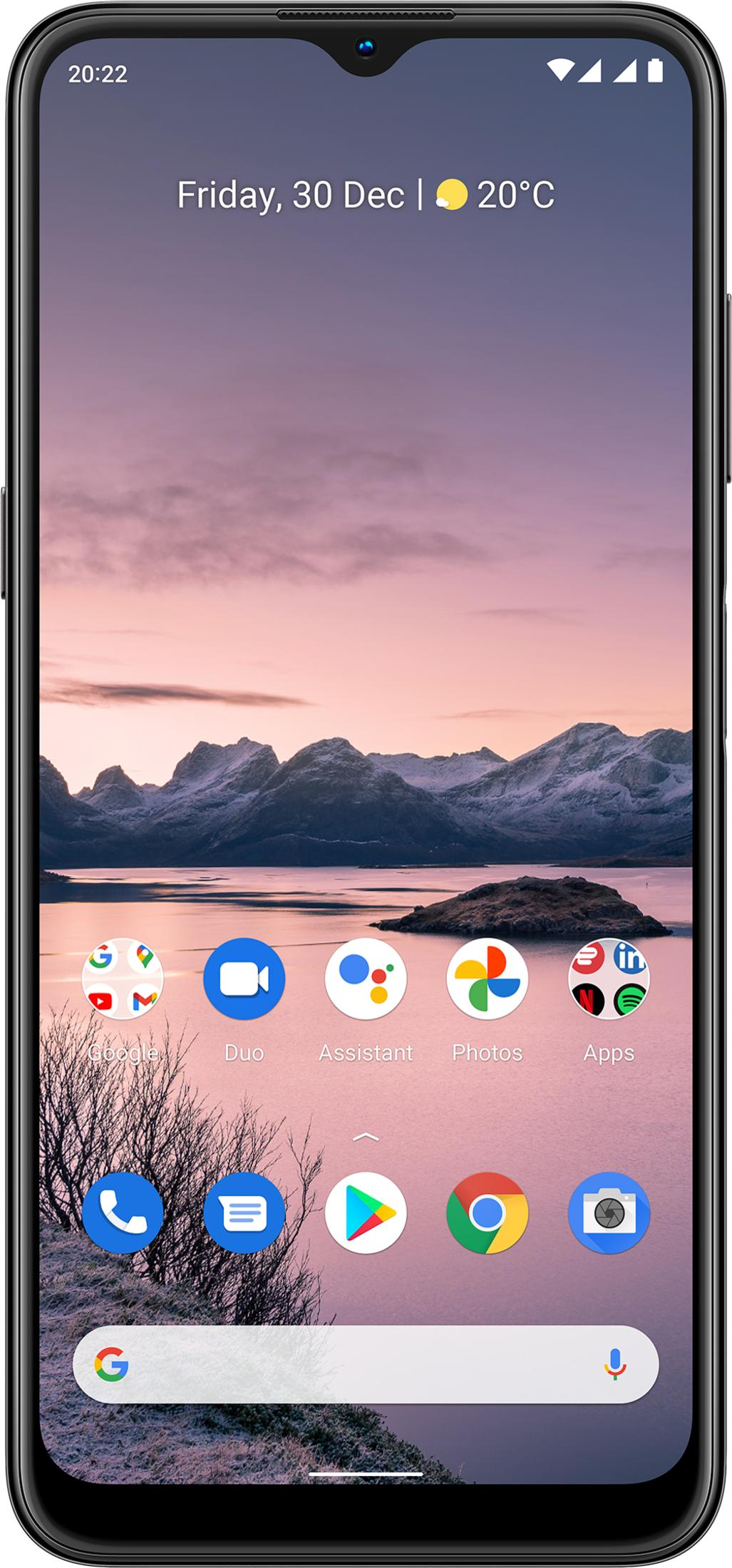 Telefonbildschirm zeigt eine Berg- und Seenlandschaft-Tapete. Datum ist Freitag, 30. Dez.