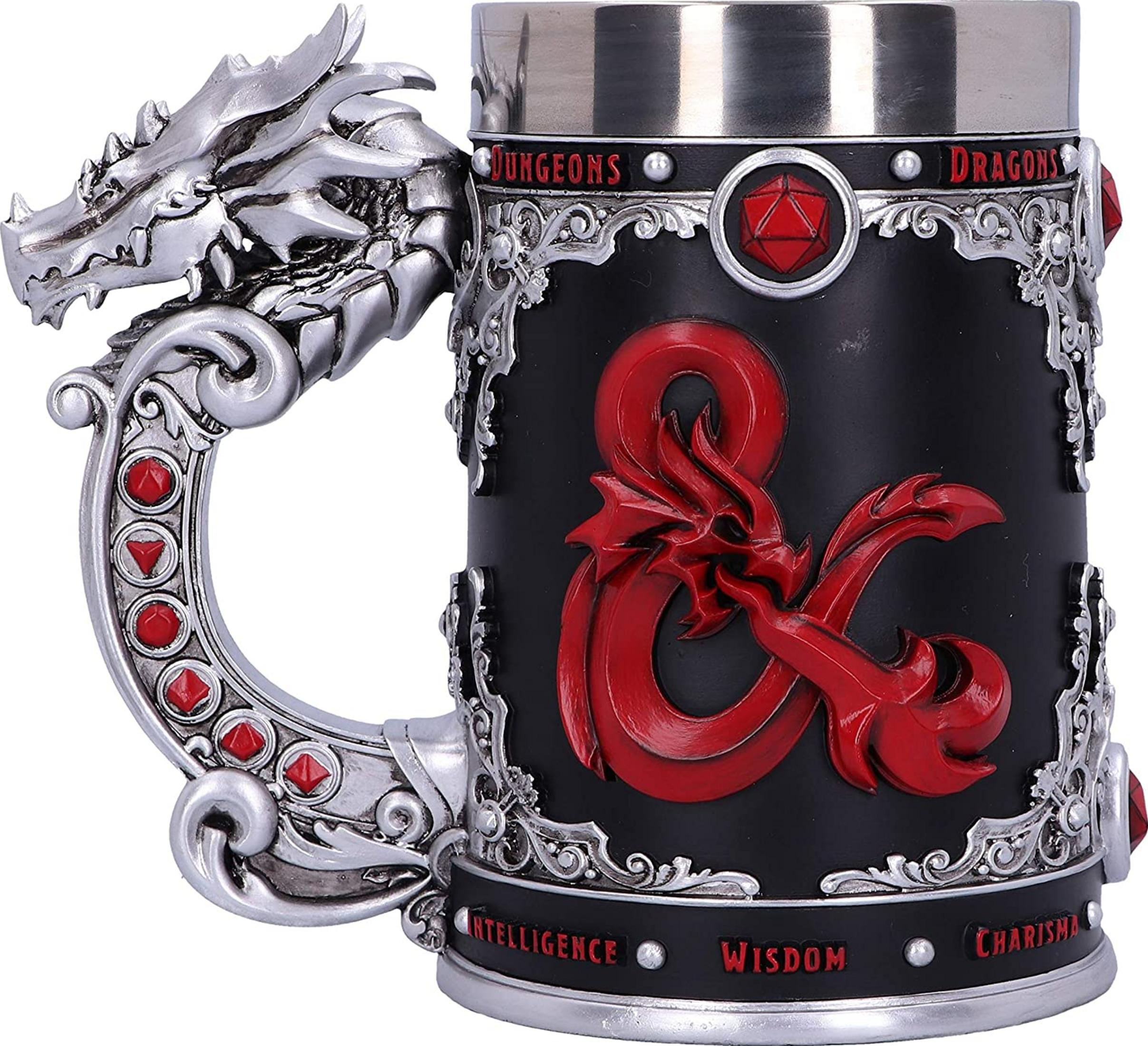 Black mug with dragon handle and D&D symbols.