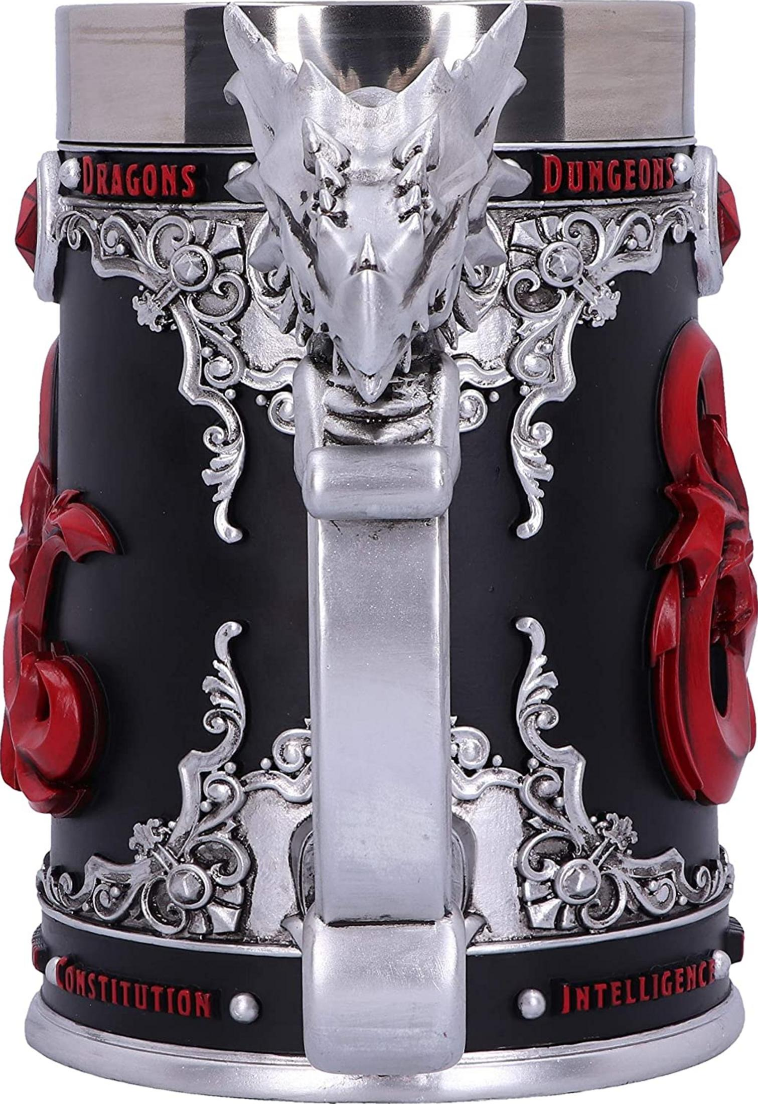 Black mug with silver dragon handle and red D&D symbols.