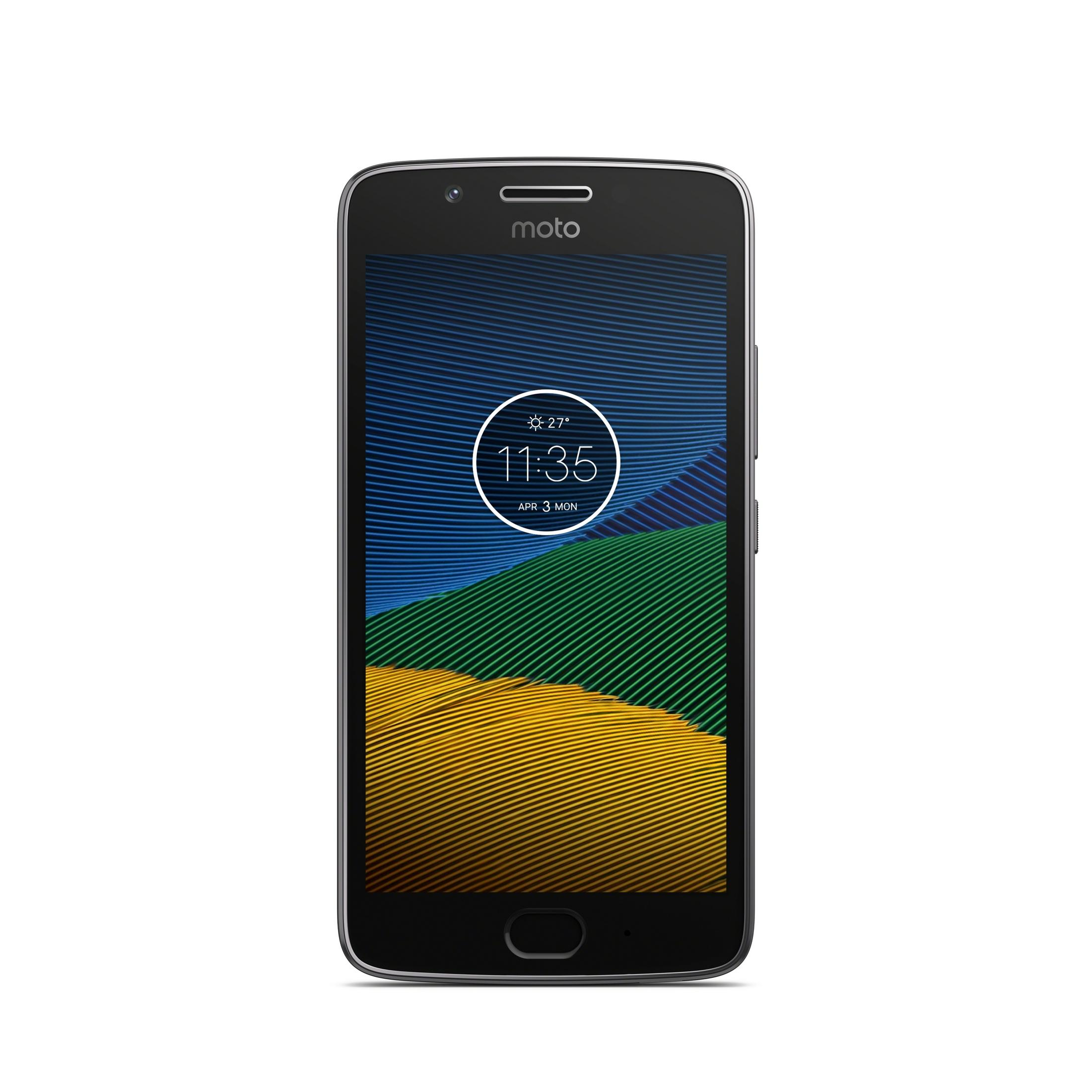 Ein Moto-Smartphone mit einem abstrakten Hintergrundbild von Wellen in Blau, Grün und Gelb.