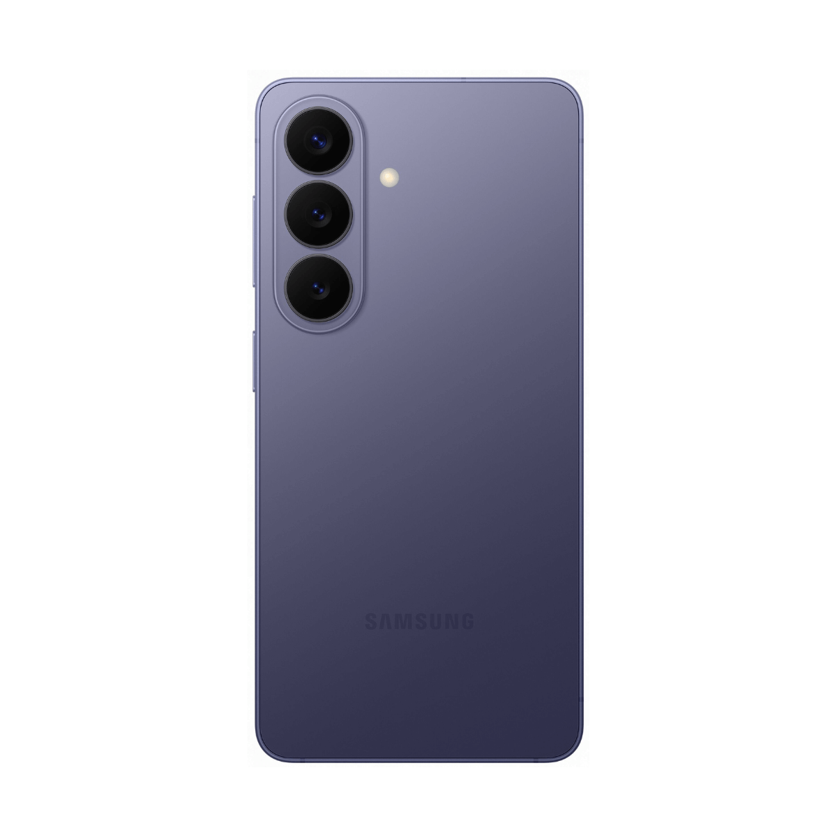 Tył fioletowego smartfona Samsung z trzema obiektywami aparatu i lampą błyskową.