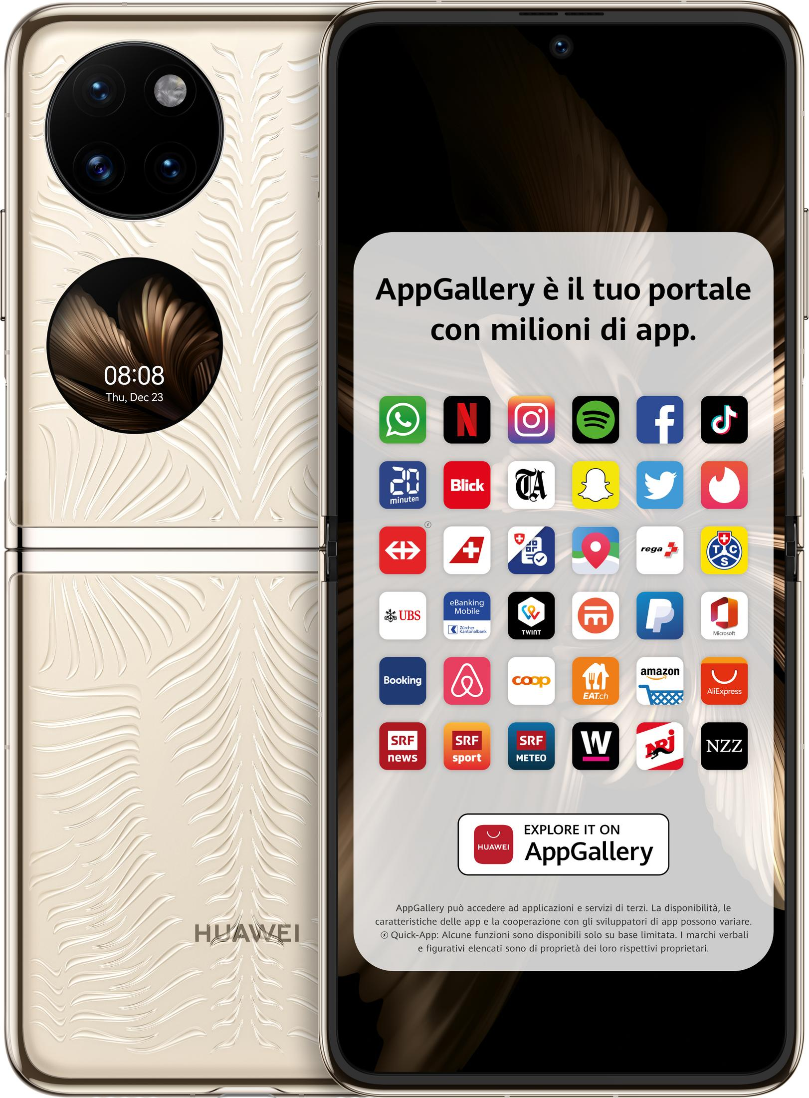 Ein aufgeklapptes Smartphone mit vielen App-Icons auf dem Bildschirm und Huawei-Branding.