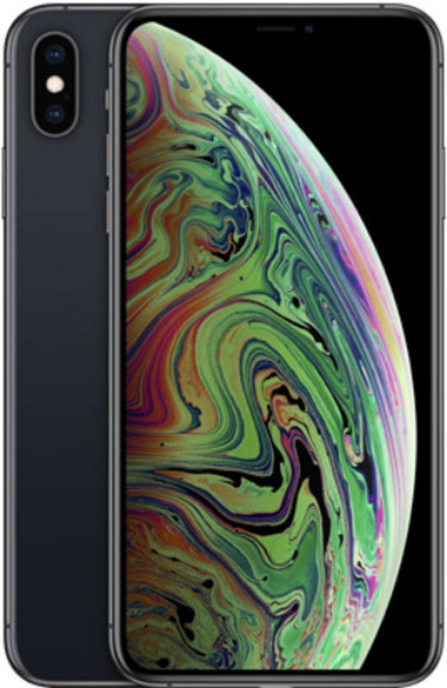 Ciemny iPhone z kolorową, abstrakcyjną tapetą. Pokazuje dwa aparaty.