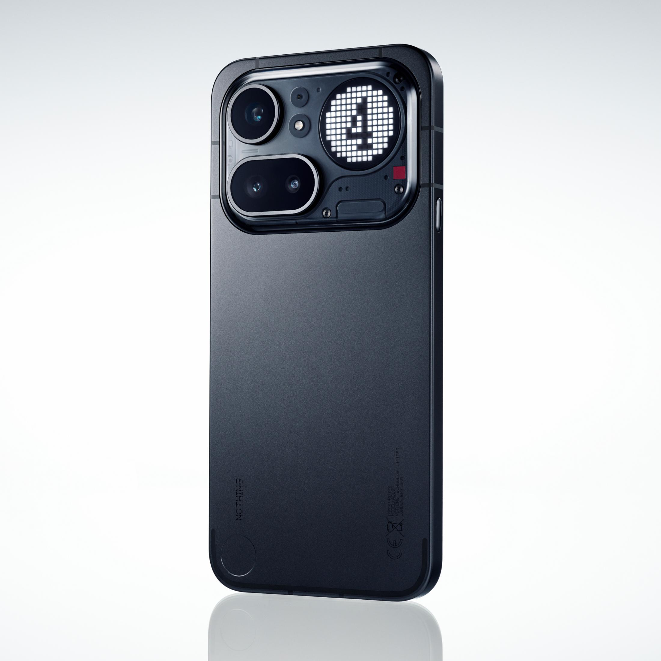 Smartphone grigio scuro con fotocamere e motivo luminoso sul retro.