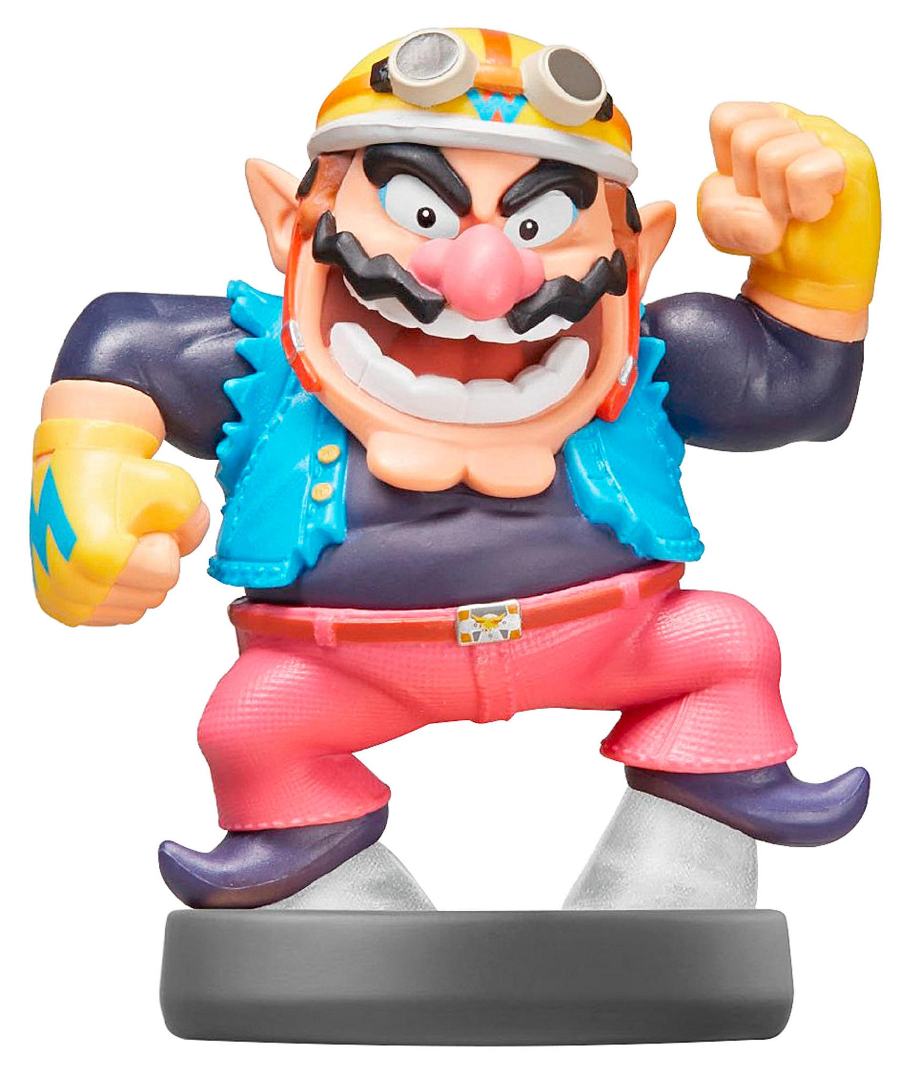 Figurine de Wario avec casquette jaune, gilet bleu, pantalon rose et gants jaunes.