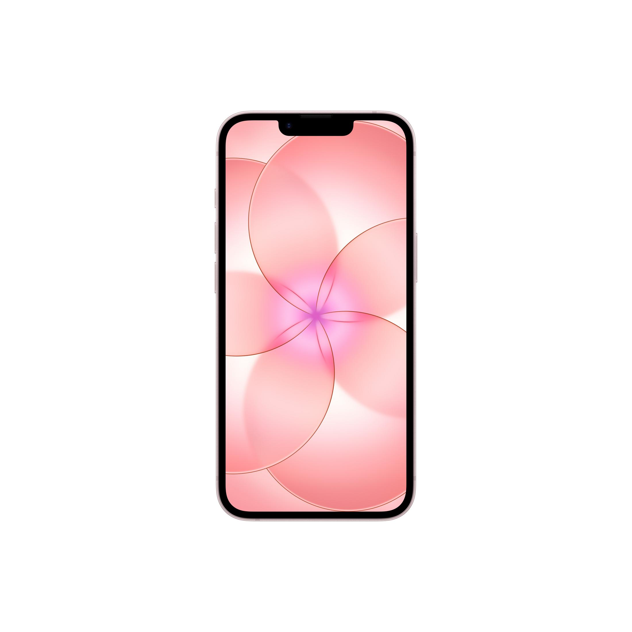 Jasnoróżowy smartfon z abstrakcyjnym wzorem kwiatowym na ekranie.
