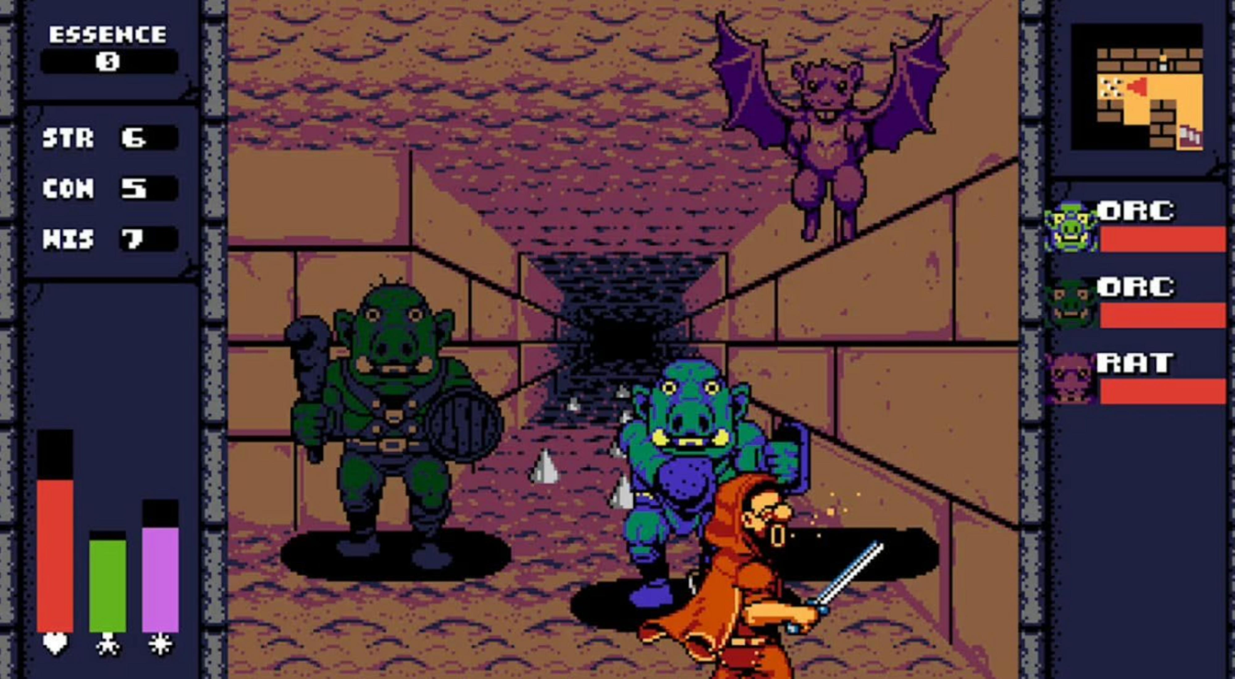Scena pixel art: Un giocatore incappucciato con spada combatte orchi e un pipistrello.