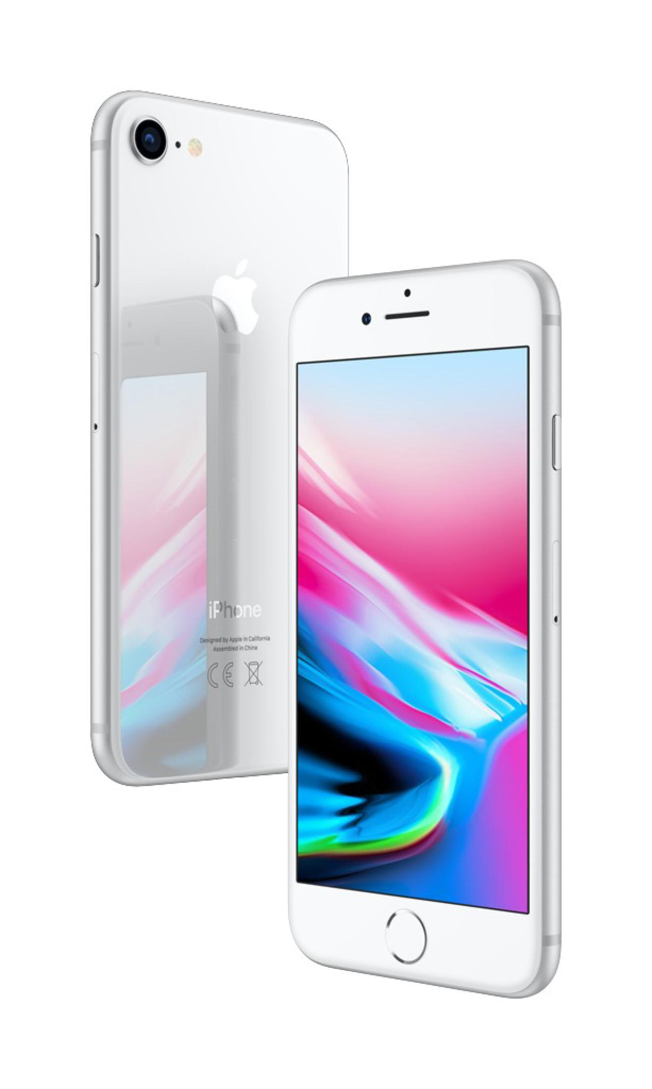 Dwa białe iPhone'y na białym tle. Jeden pokazuje tył, drugi ekran z kolorową abstrakcyjną tapetą.