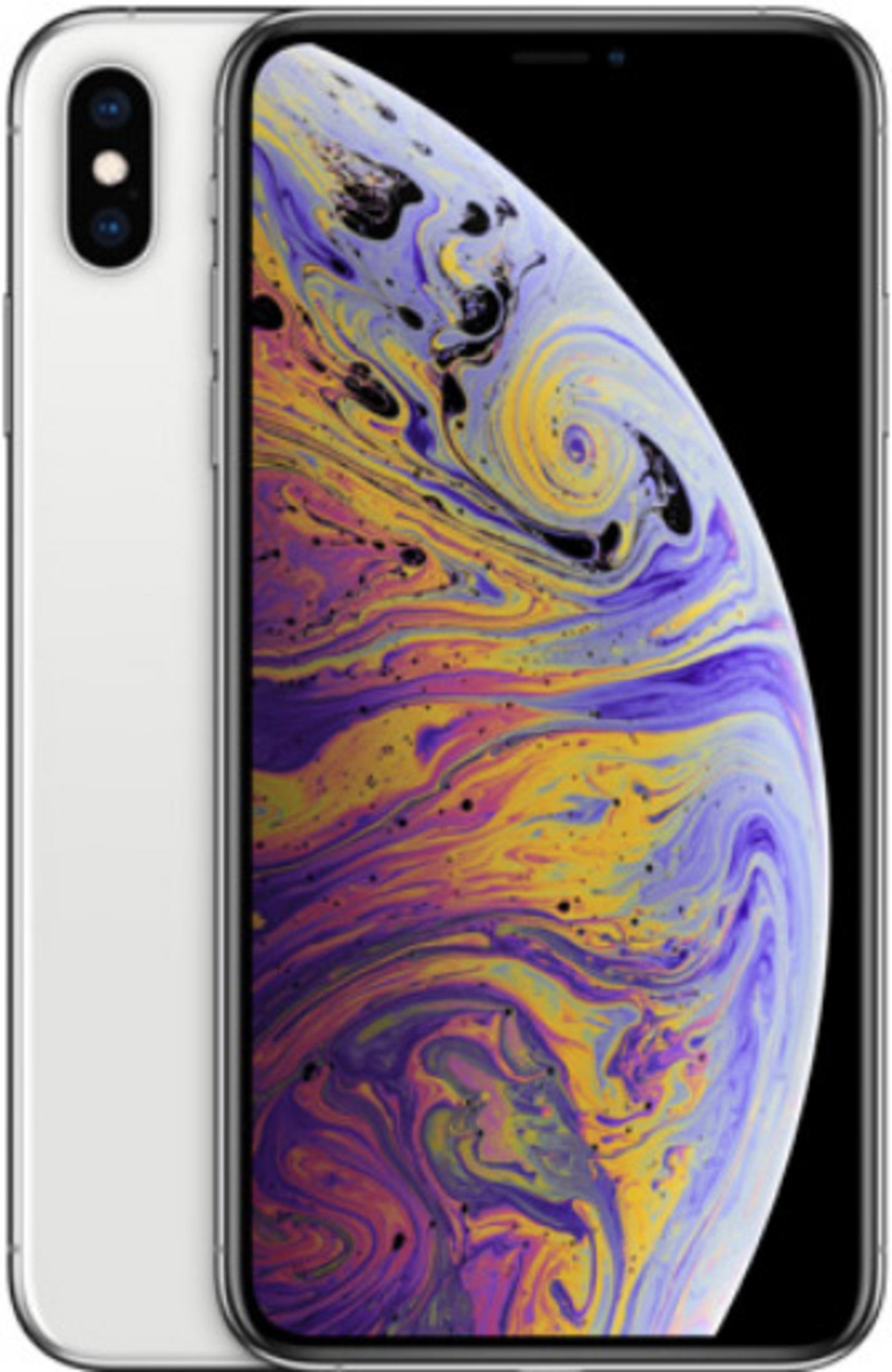 Biały iPhone Xs z kolorową abstrakcyjną tapetą na ekranie.