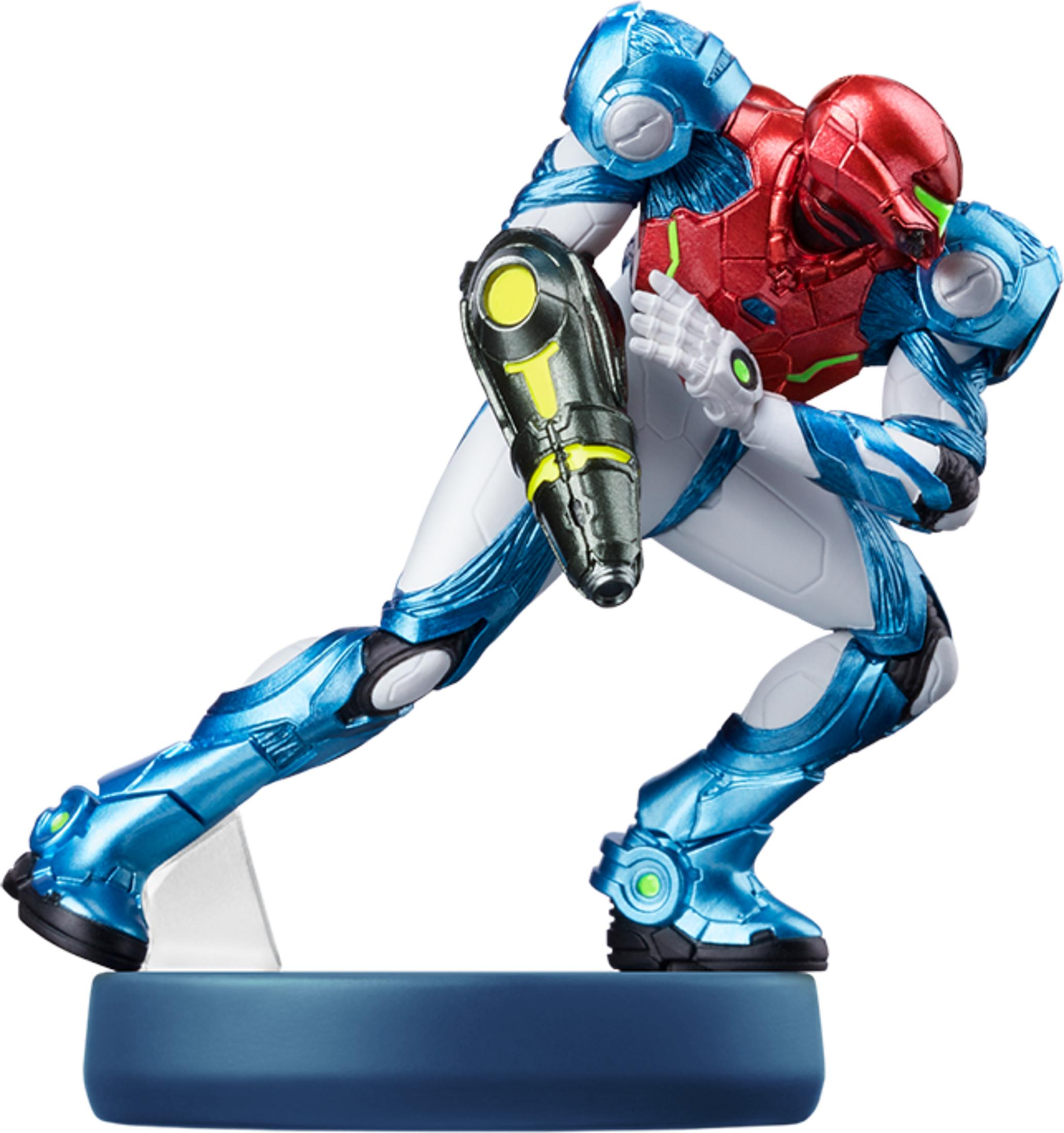 Samus Aran en combinaison bleu et rouge, sur socle bleu, fond blanc.