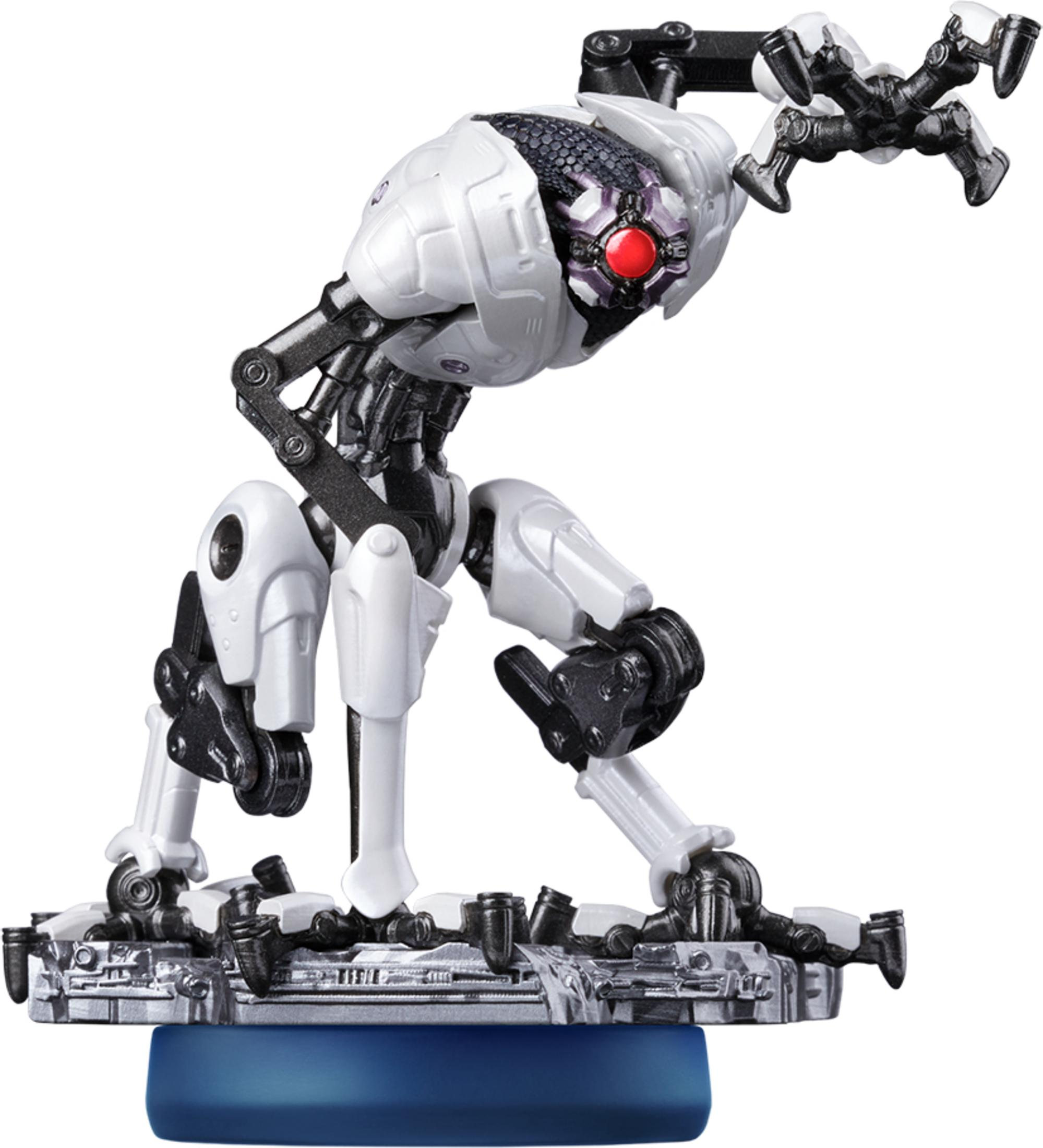 Un robot blanc et noir avec un œil rouge sur une base bleue.