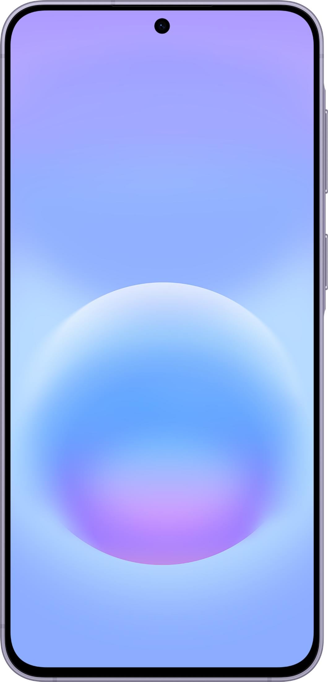 Smartfon z fioletowo-niebieską tapetą.