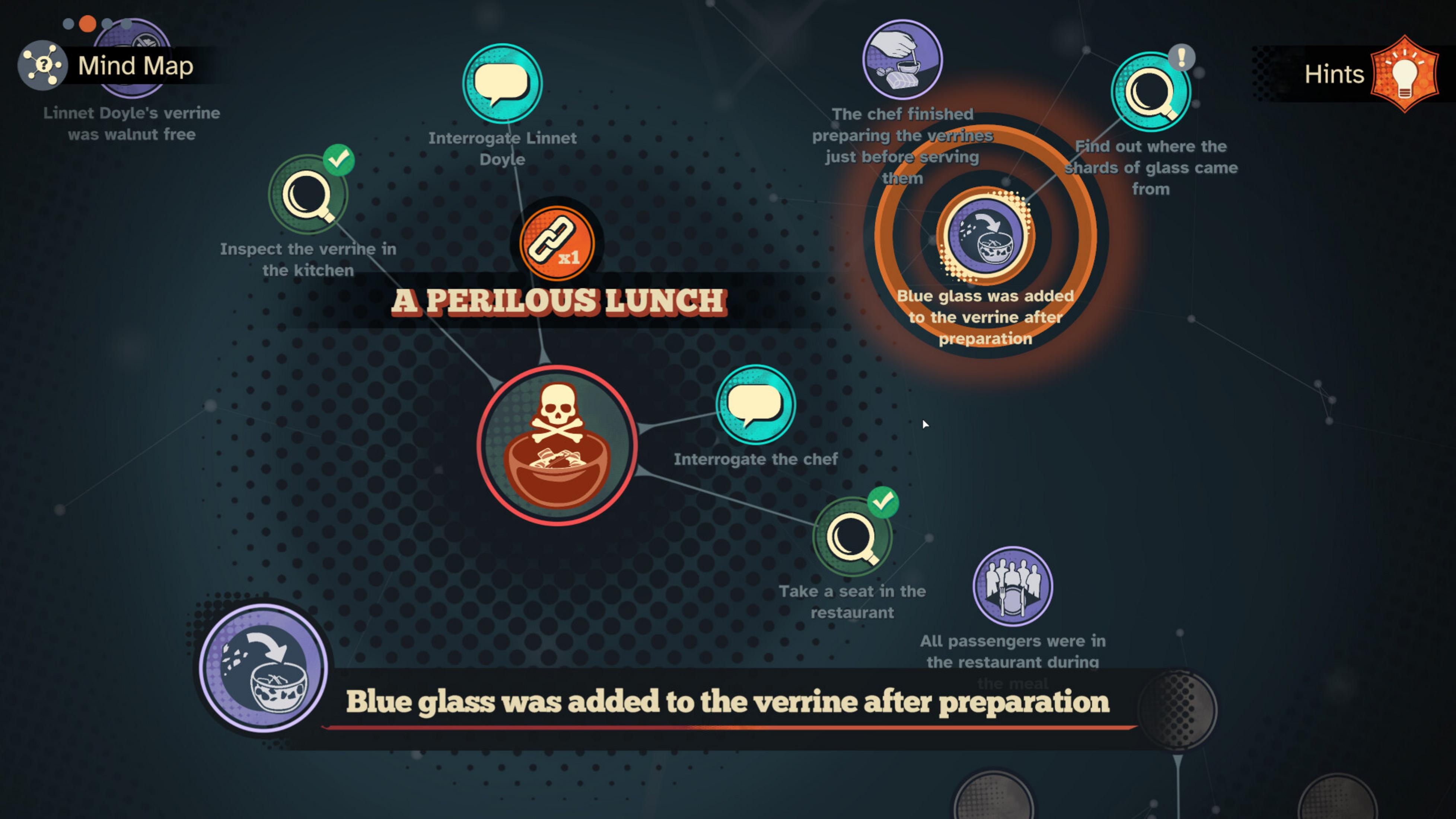Mappa mentale che mostra indizi per 'Un Pranzo Pericoloso'. Ispeziona, interroga, suggerimenti.