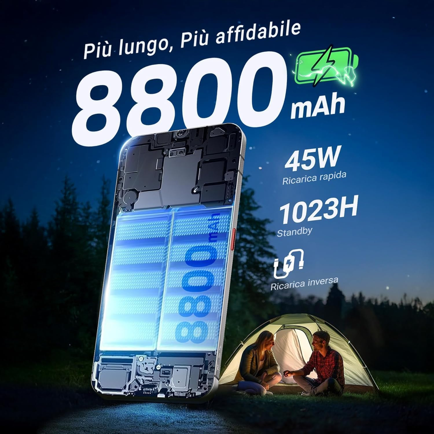 Uno smartphone con batteria da 8800 mAh è mostrato all'aperto.