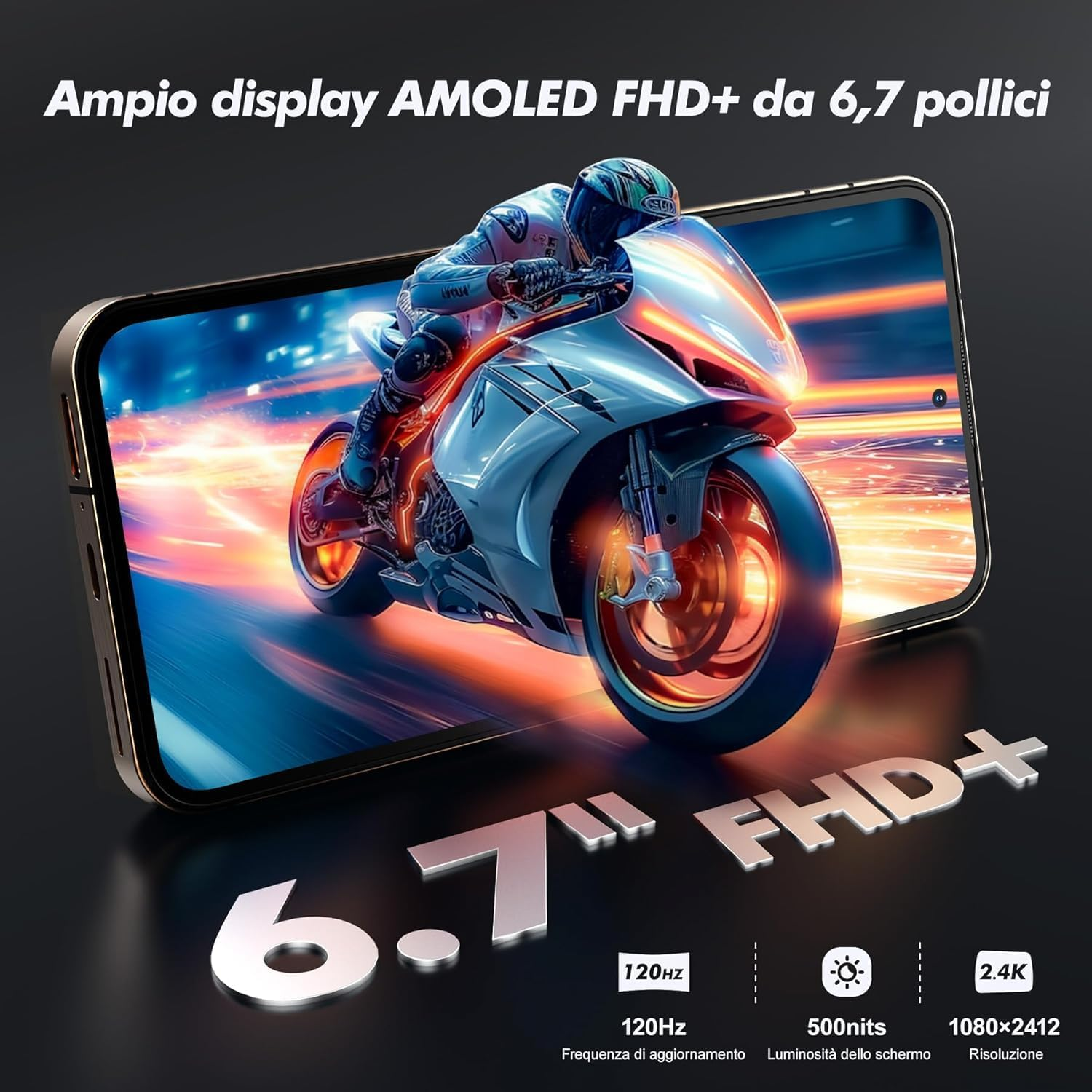 Un pilota di moto su una bici visualizzato sullo schermo di un telefono. Specifiche: 6,7 pollici, 120Hz, 500 nits.
