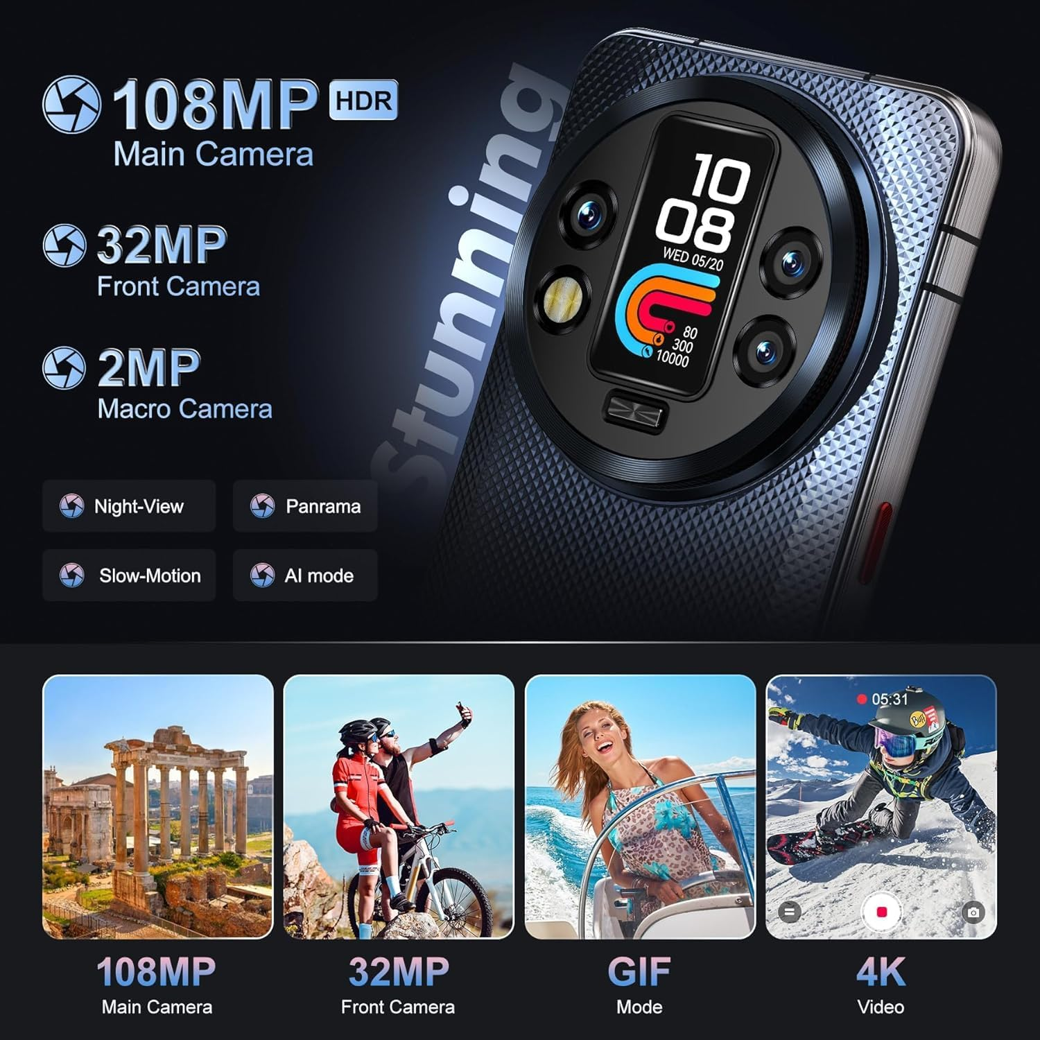 Smartphone con specifiche fotocamera: 108MP Principale, 32MP Frontale, 2MP Macro. Scatti esempio.