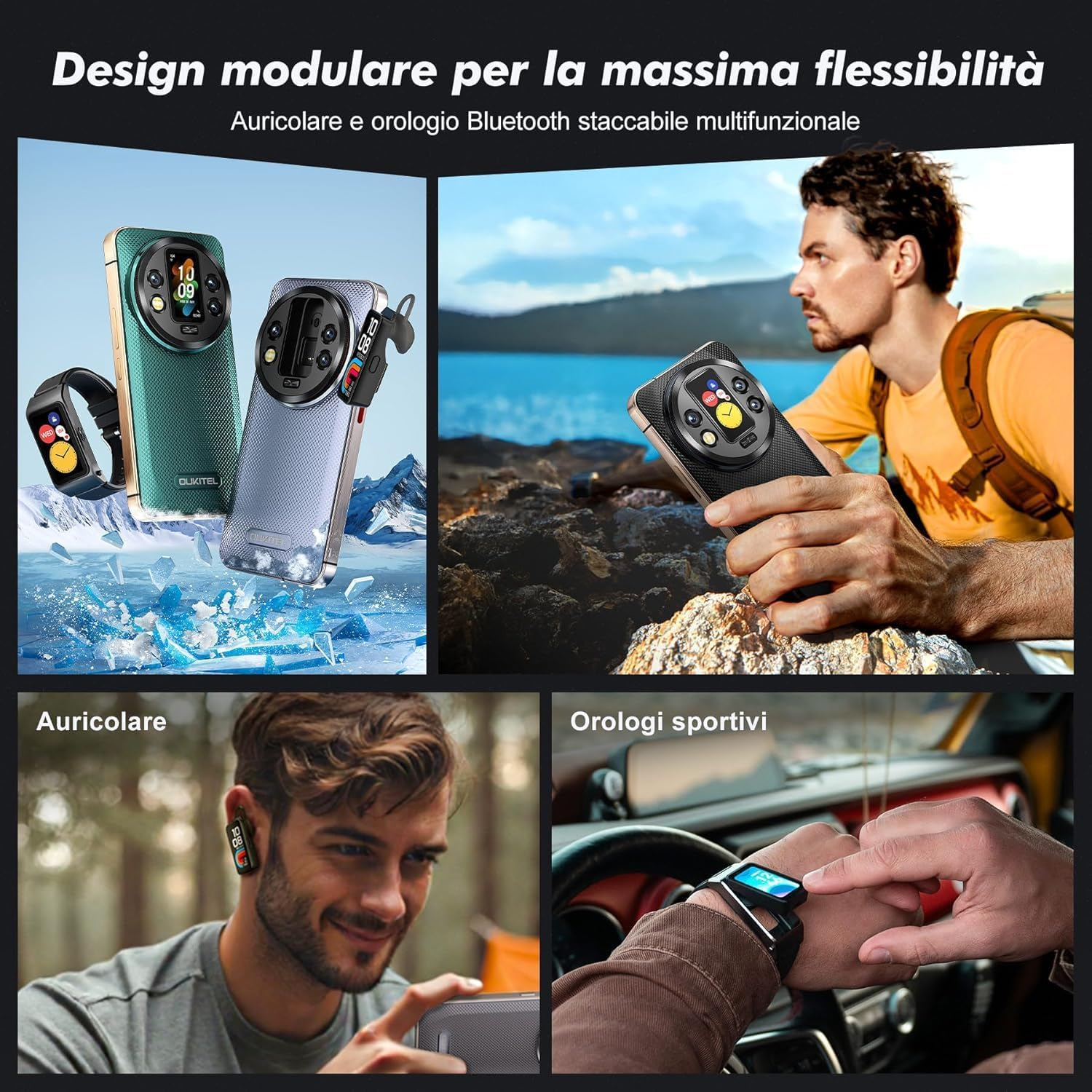Quattro immagini mostrano telefoni, auricolari e smartwatch OUKITEL.