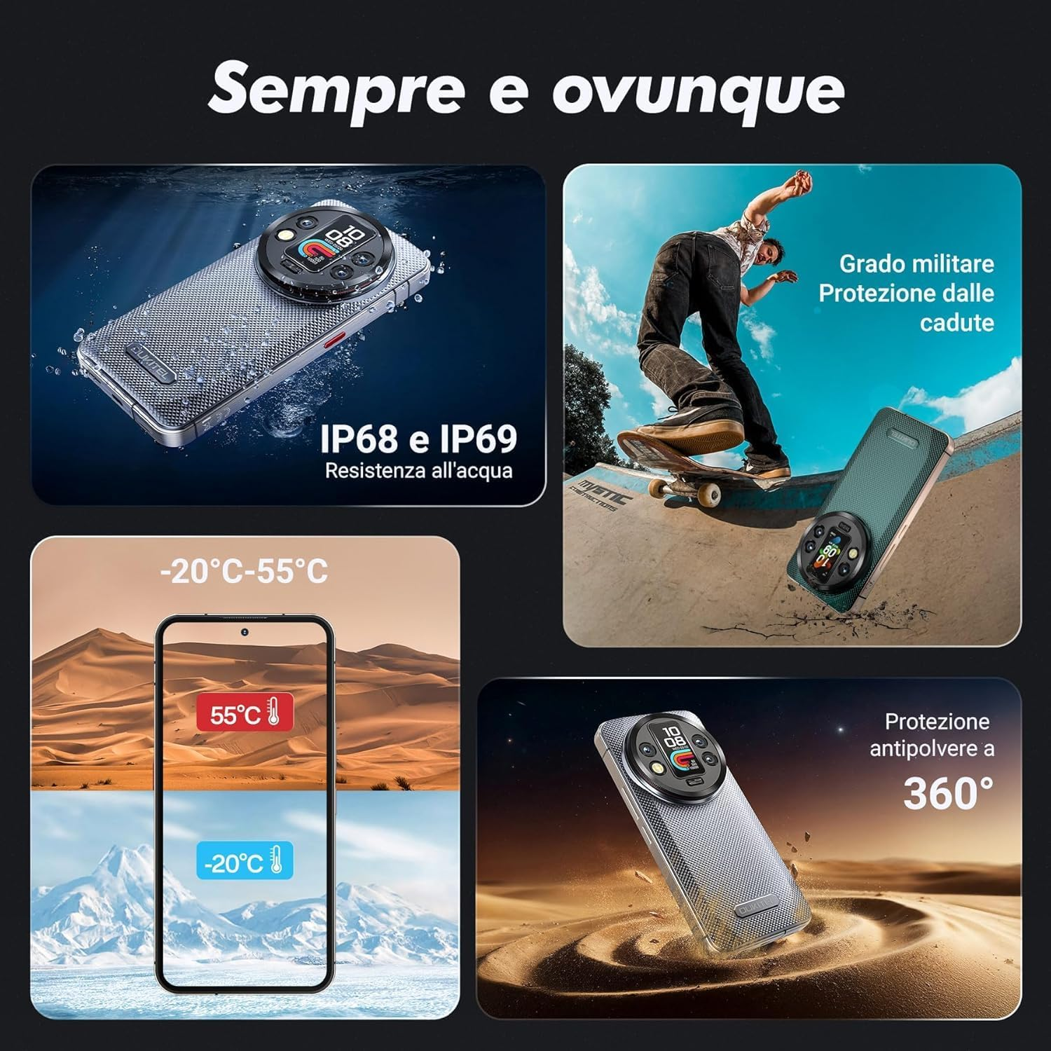 Telefono robusto che mostra protezione da acqua, cadute e polvere in temperature estreme.