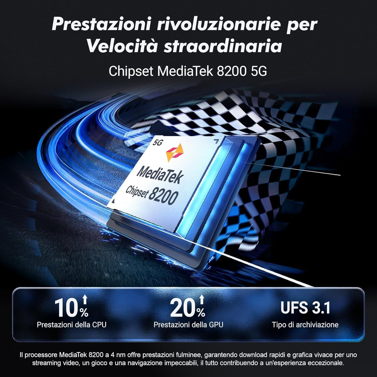 Chipset MediaTek 8200 5G con bandiera da corsa e statistiche.