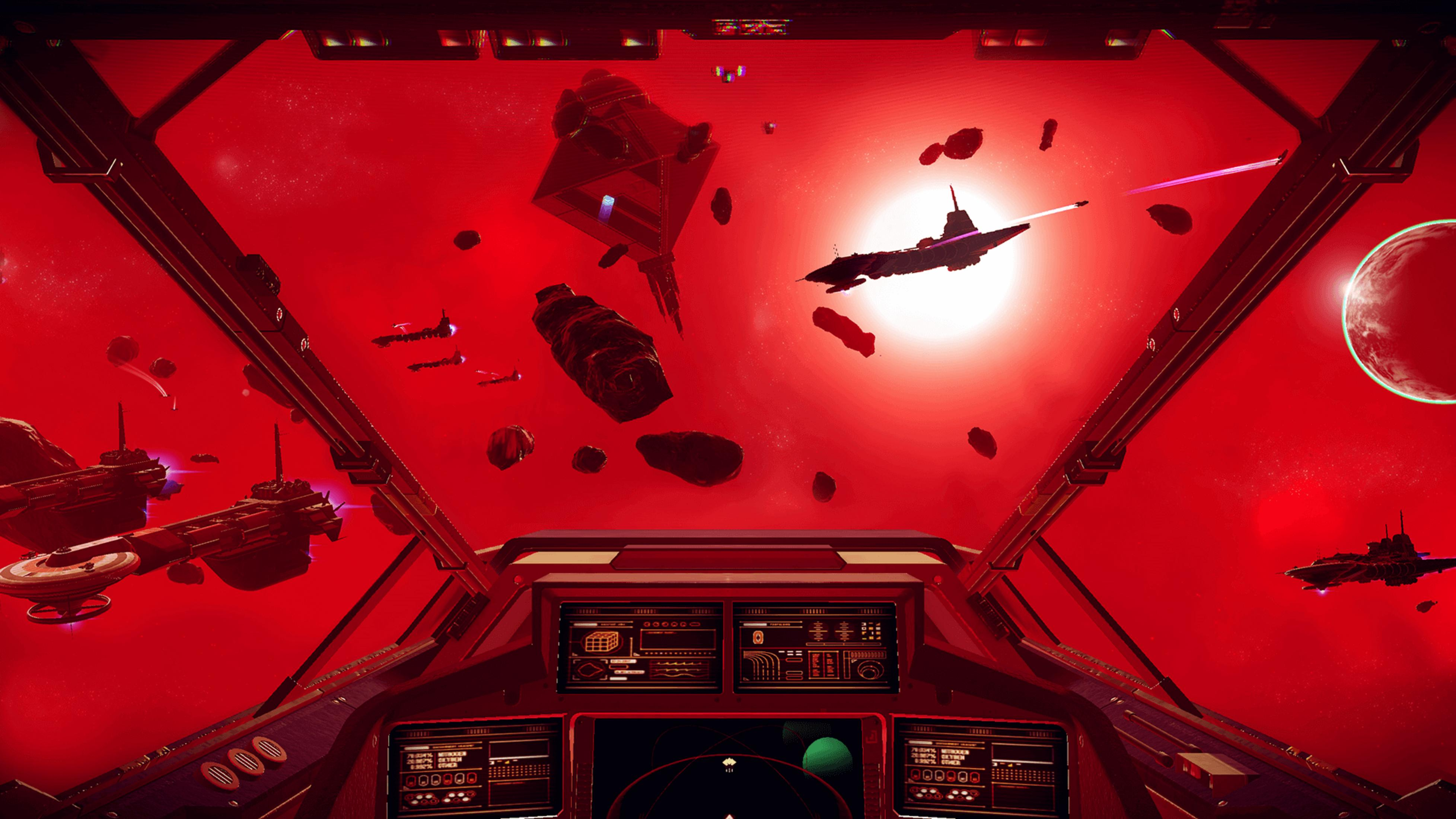 Vue d'un cockpit sur un paysage spatial rouge avec des vaisseaux et des astéroïdes.