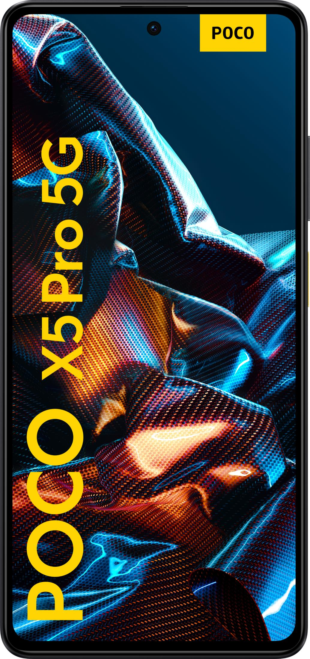 Logo POCO X5 Pro 5G na ciemnym tle z teksturą karbonu.