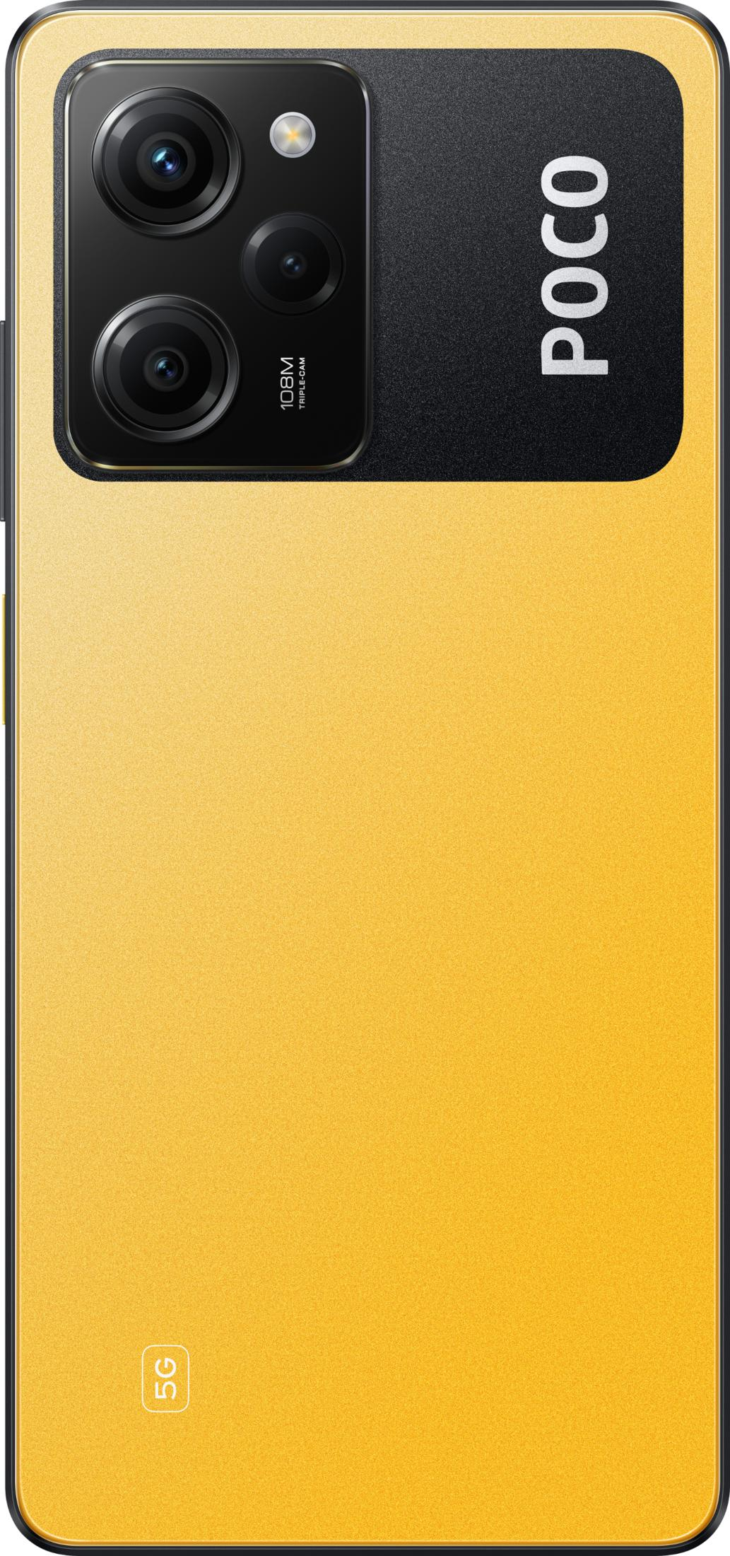 Żółty smartfon z potrójnym aparatem i logo POCO.