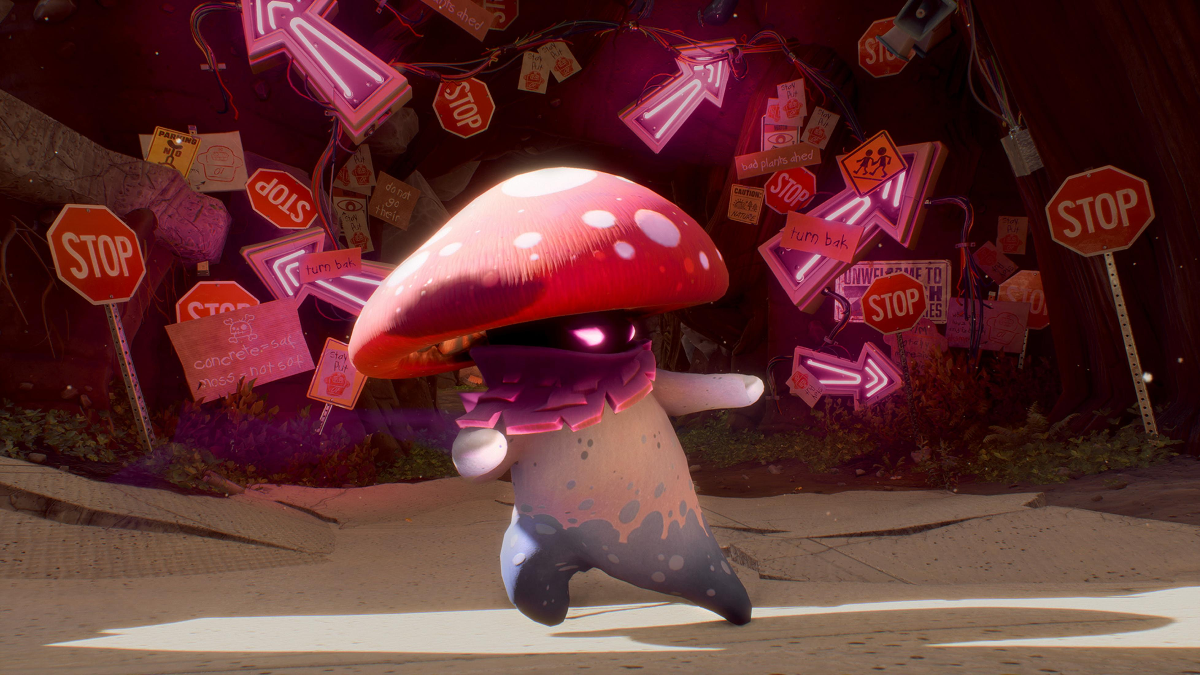 Un personnage champignon se dresse au milieu d'un chaos de panneaux stop et de flèches néon.
