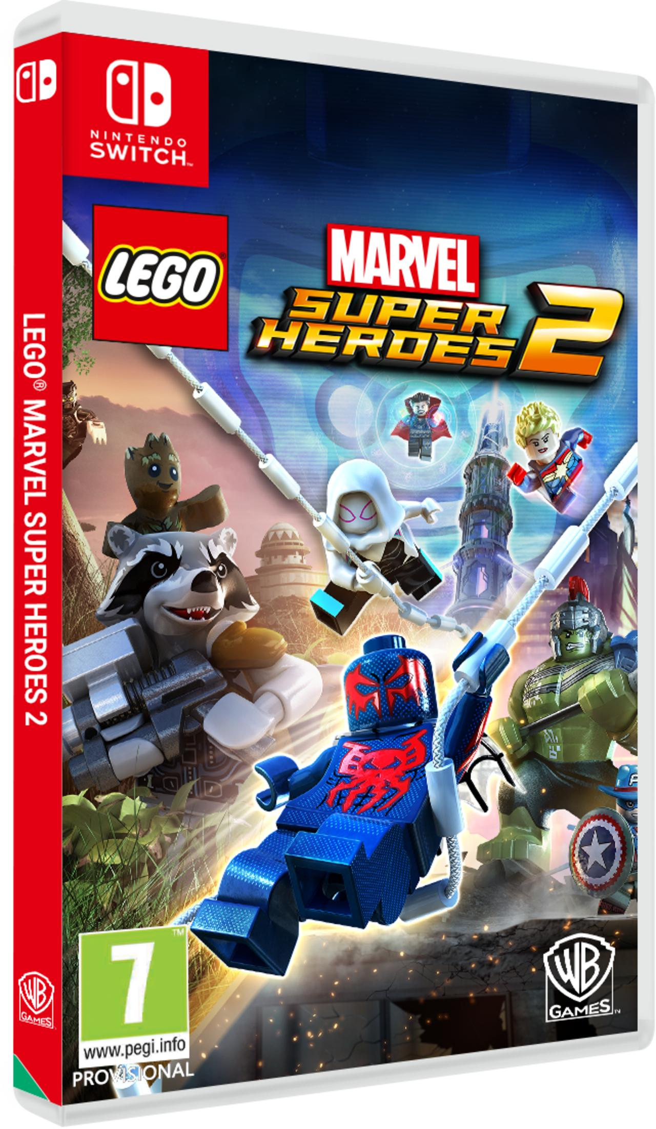 Couverture du jeu Lego Marvel Super Heroes 2 avec des personnages tels que Spider-Man, Hulk, Rocket Raccoon.