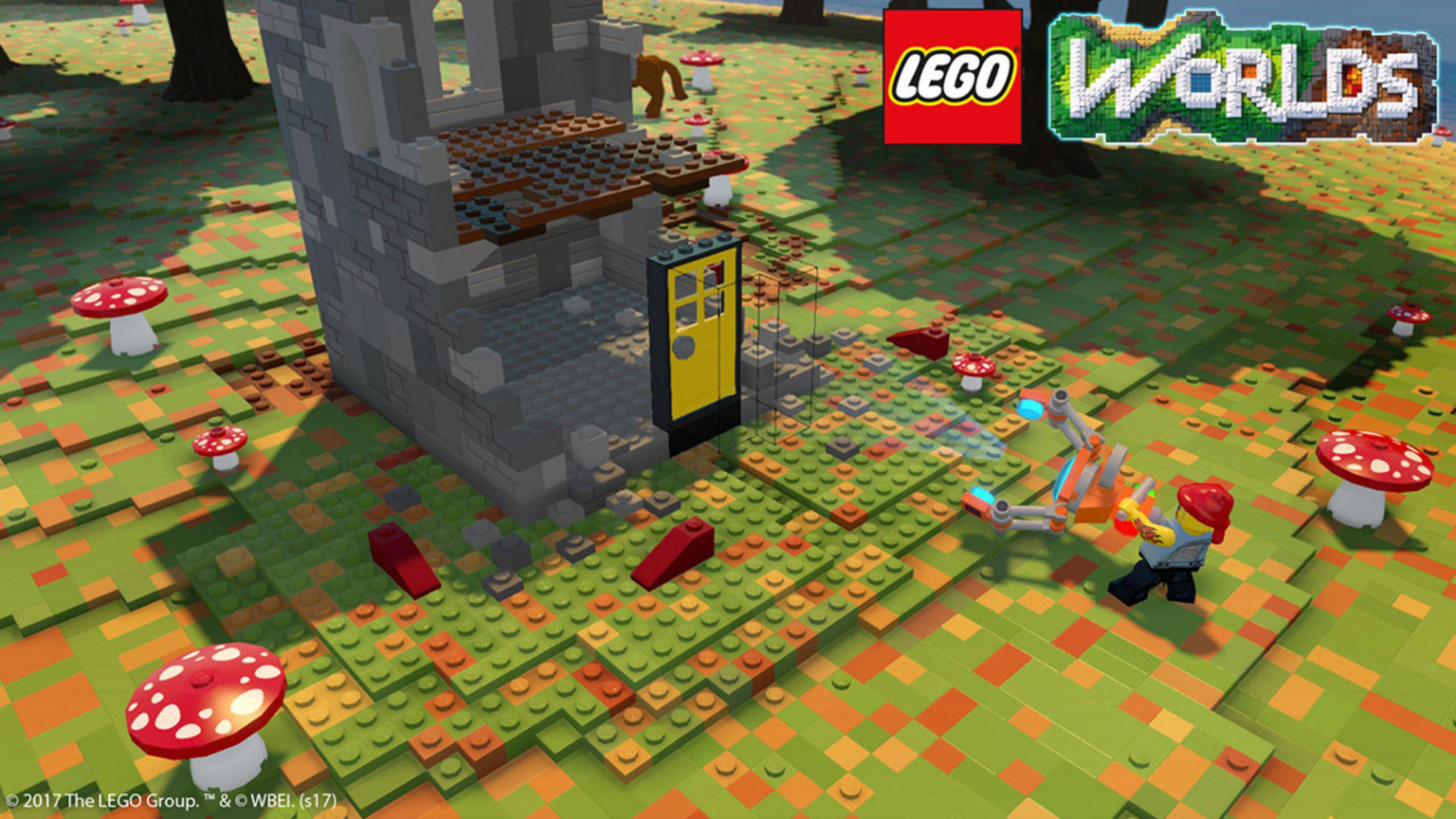 Un personaggio Lego con uno strumento si trova vicino a una torre in rovina e funghi.