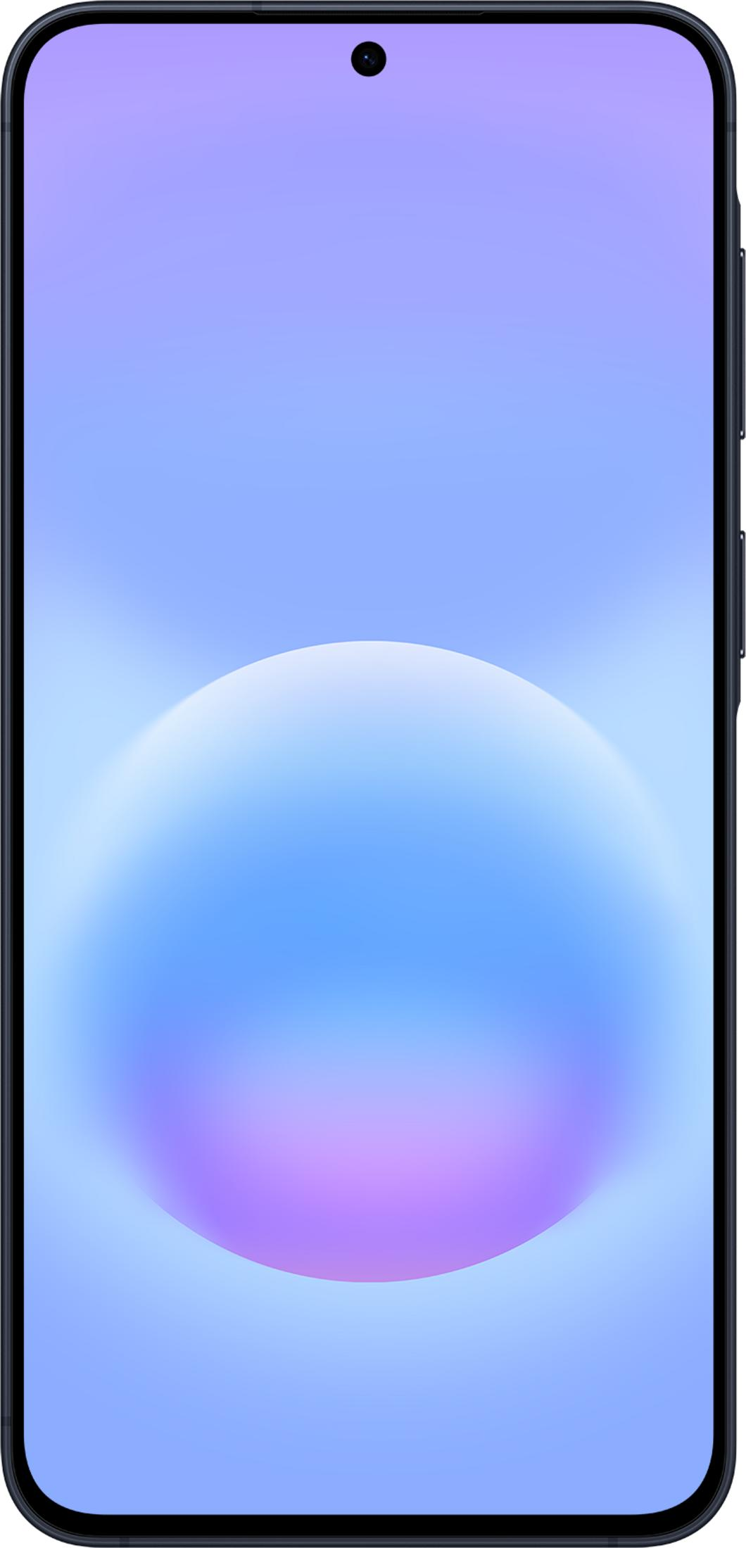 Smartfon z abstrakcyjnym niebiesko-fioletowym tłem.