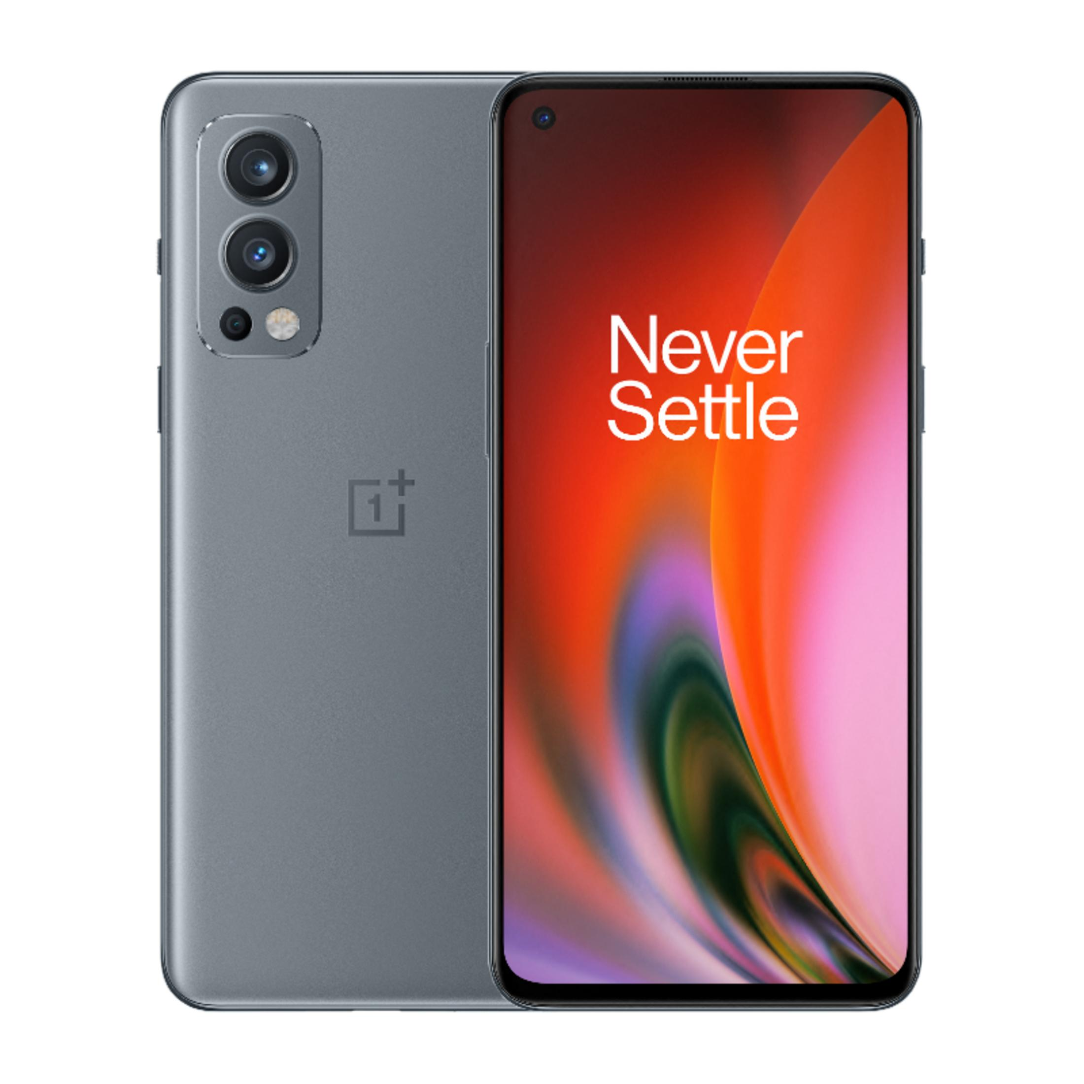 Graues Smartphone mit drei Kameras auf der Rückseite und einem "Never Settle"-Bildschirm.