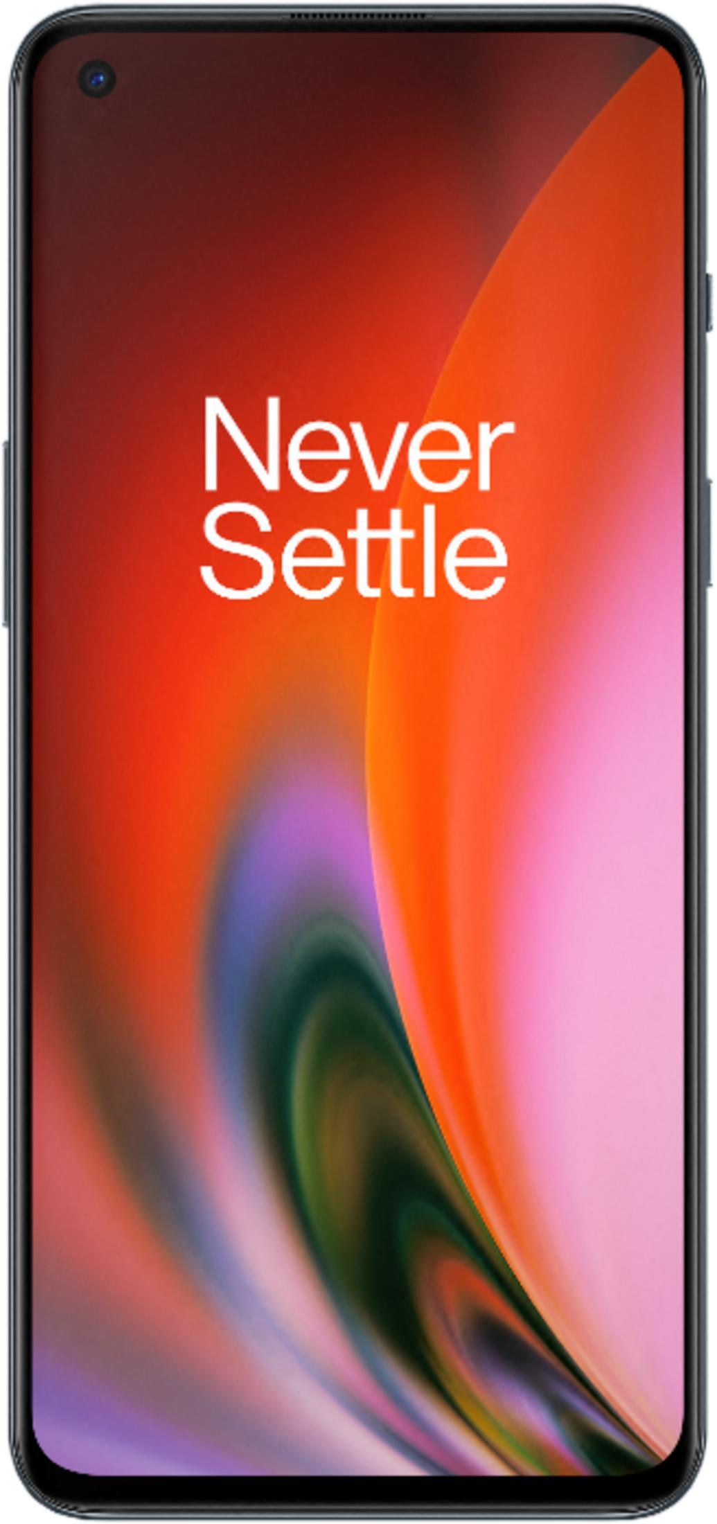 Ein Smartphone zeigt den Schriftzug 'Never Settle' vor einem orangen und pinken Hintergrund.
