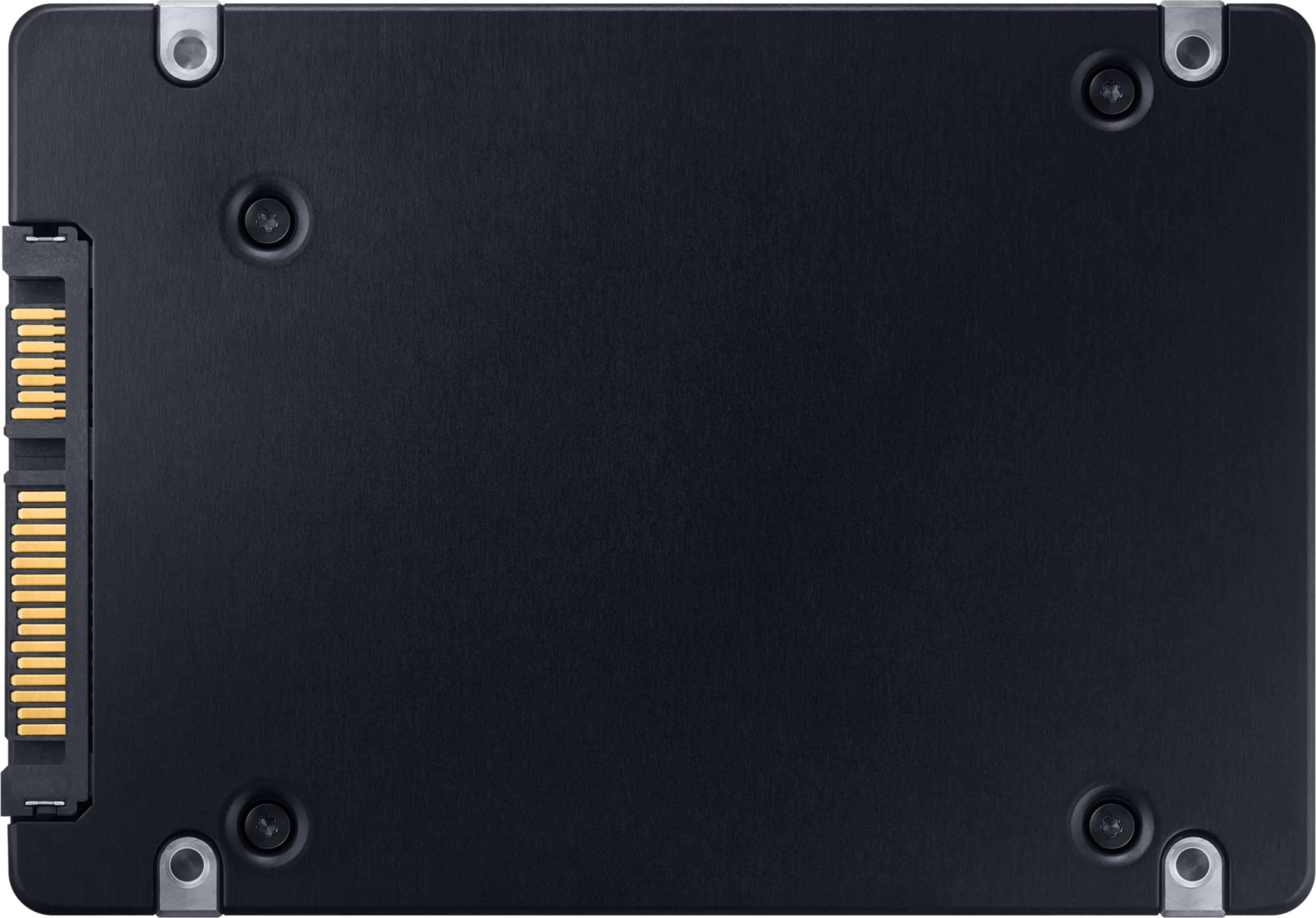 Schwarze SSD mit SATA-Anschluss und Schrauben.