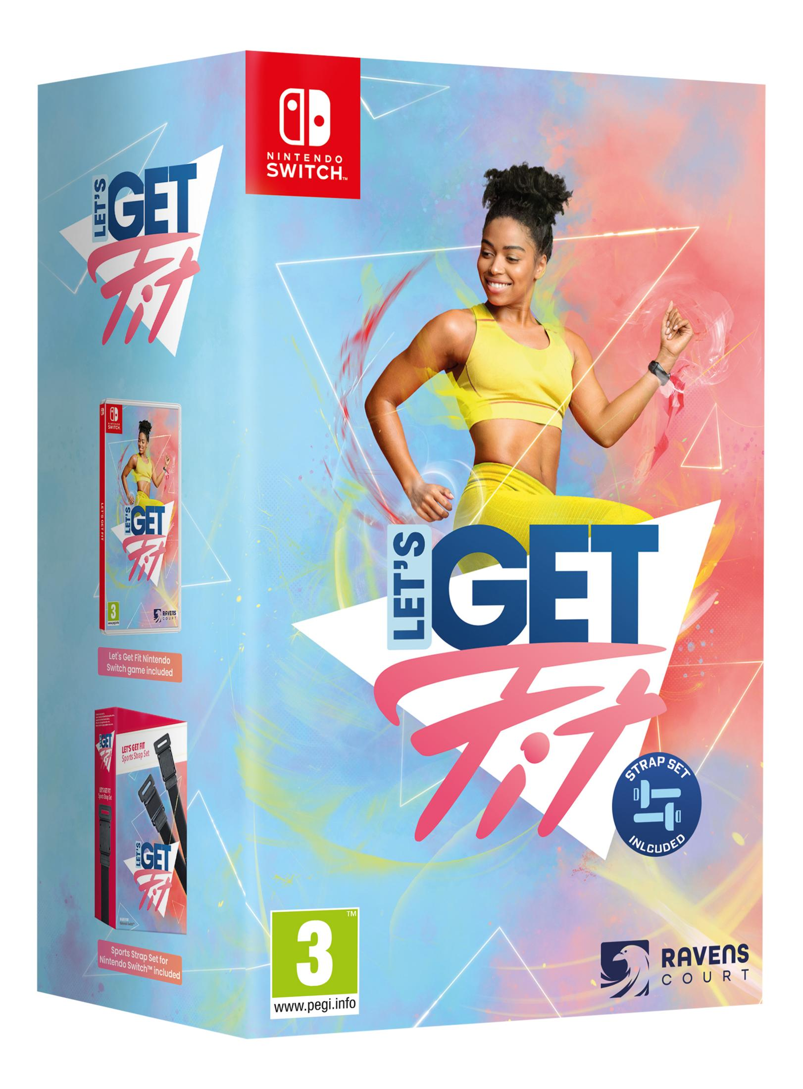 Jeu Nintendo Switch 'Let's Get Fit' avec kit de sangles de sport. Femme en tenue de sport.