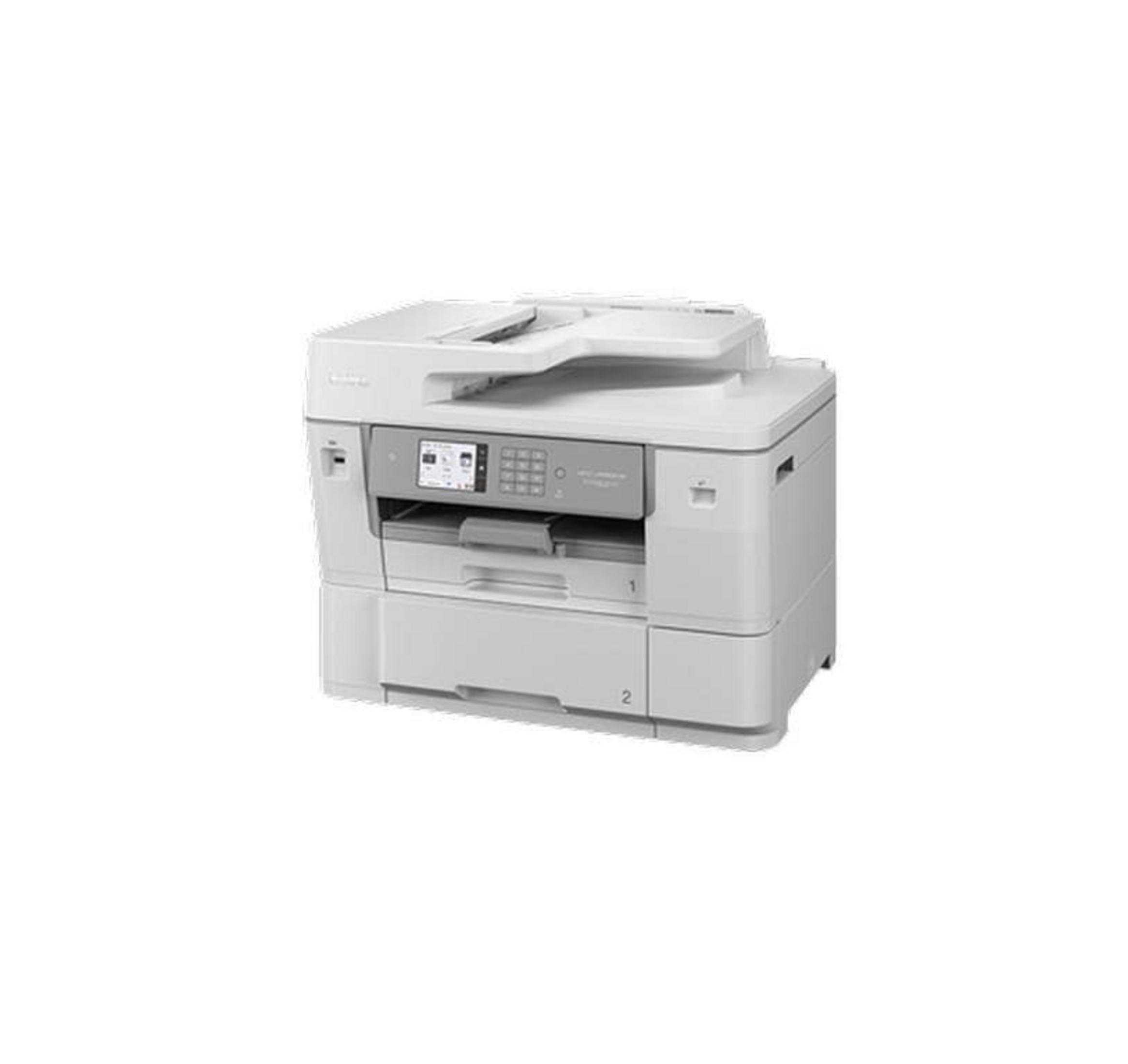 Ein weißer Multifunktionsdrucker mit einem Touchscreen und Tastenfeld.