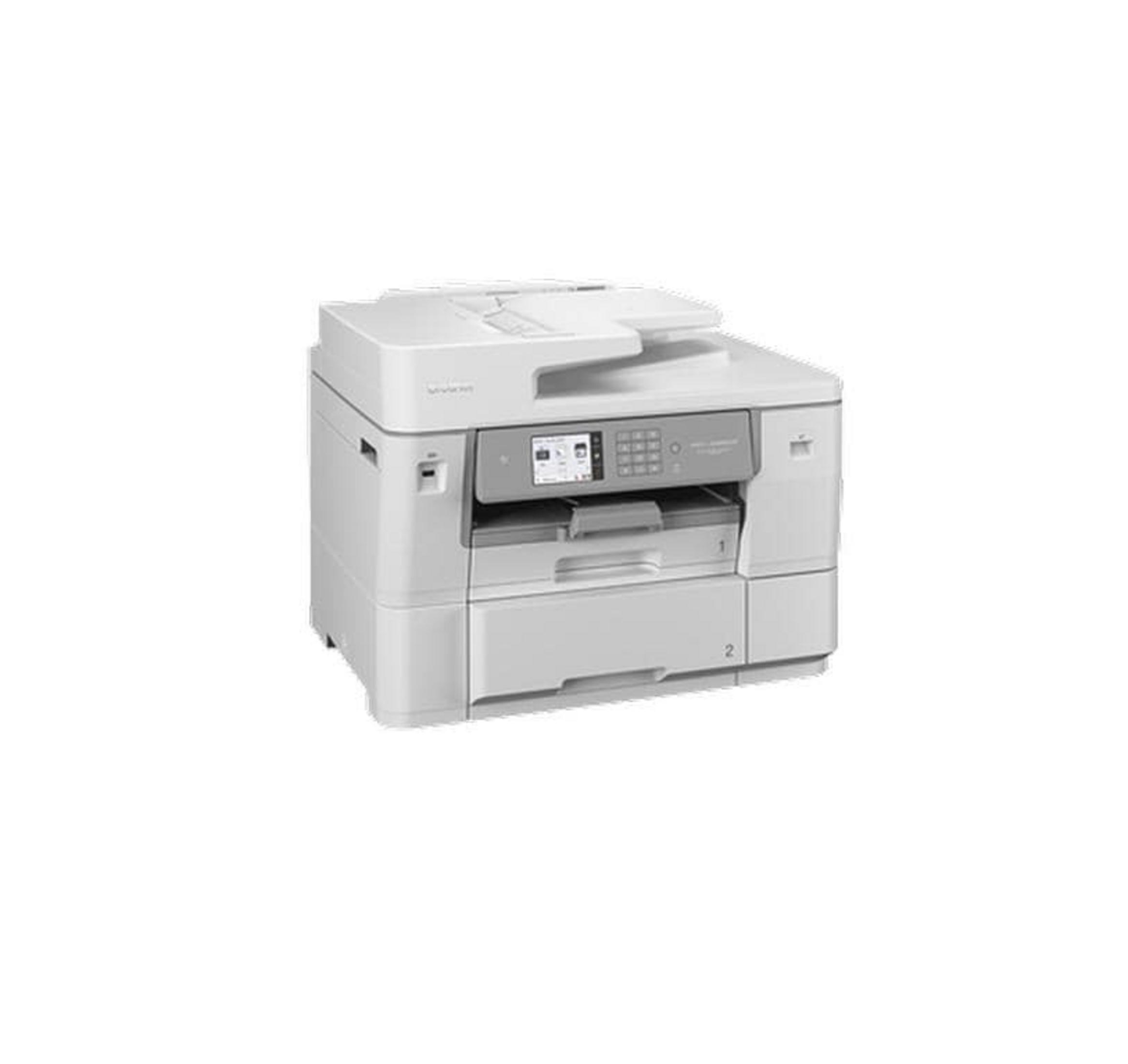 Ein weißer Multifunktionsdrucker mit Touchscreen und Papierfach.