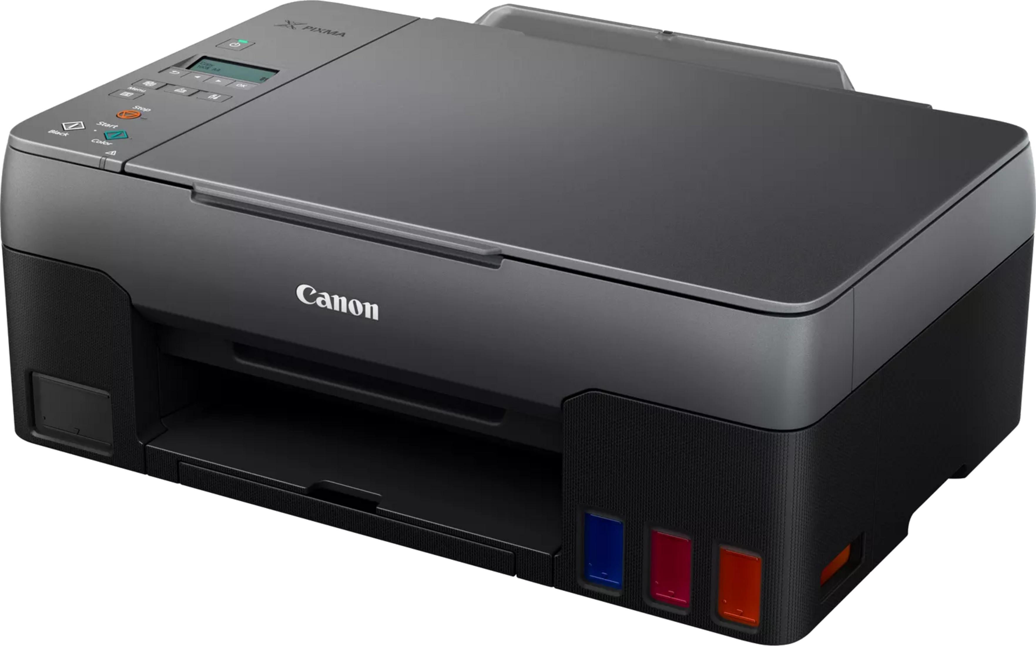 Una stampante Canon Pixma grigia con serbatoi d'inchiostro visibili blu, magenta e gialli.