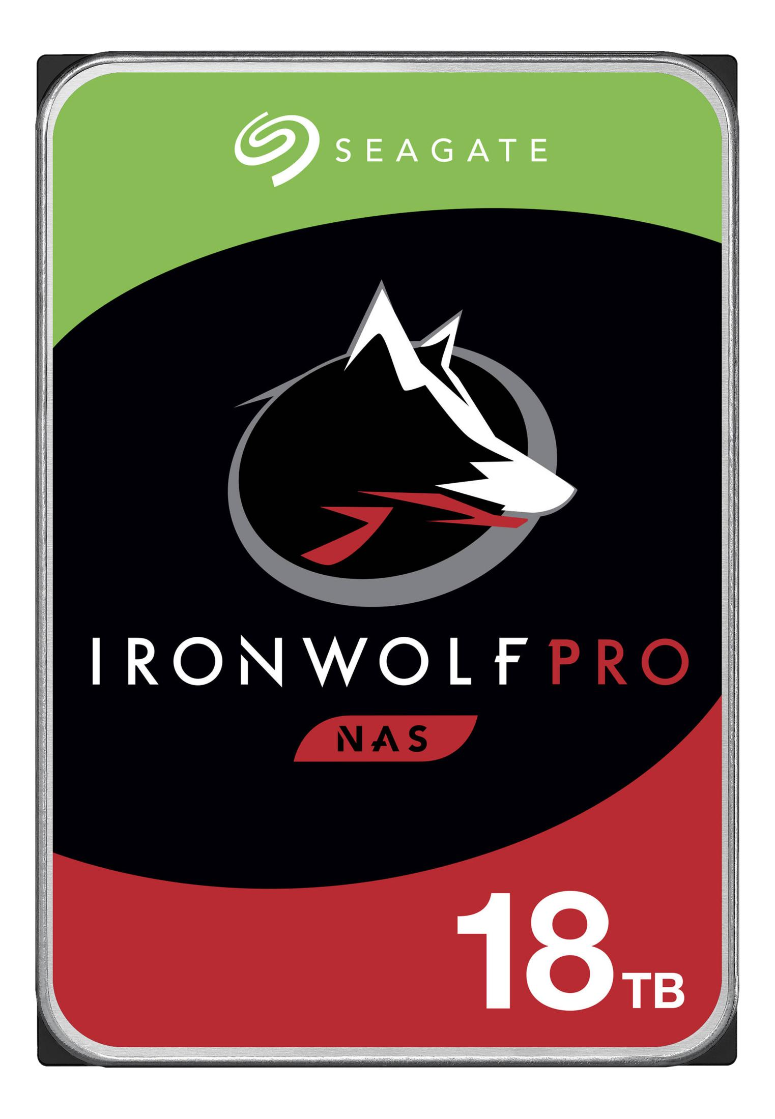 Seagate IronWolf Pro 18TB Festplatte mit Wolf-Logo. Grün, Schwarz, Rot.