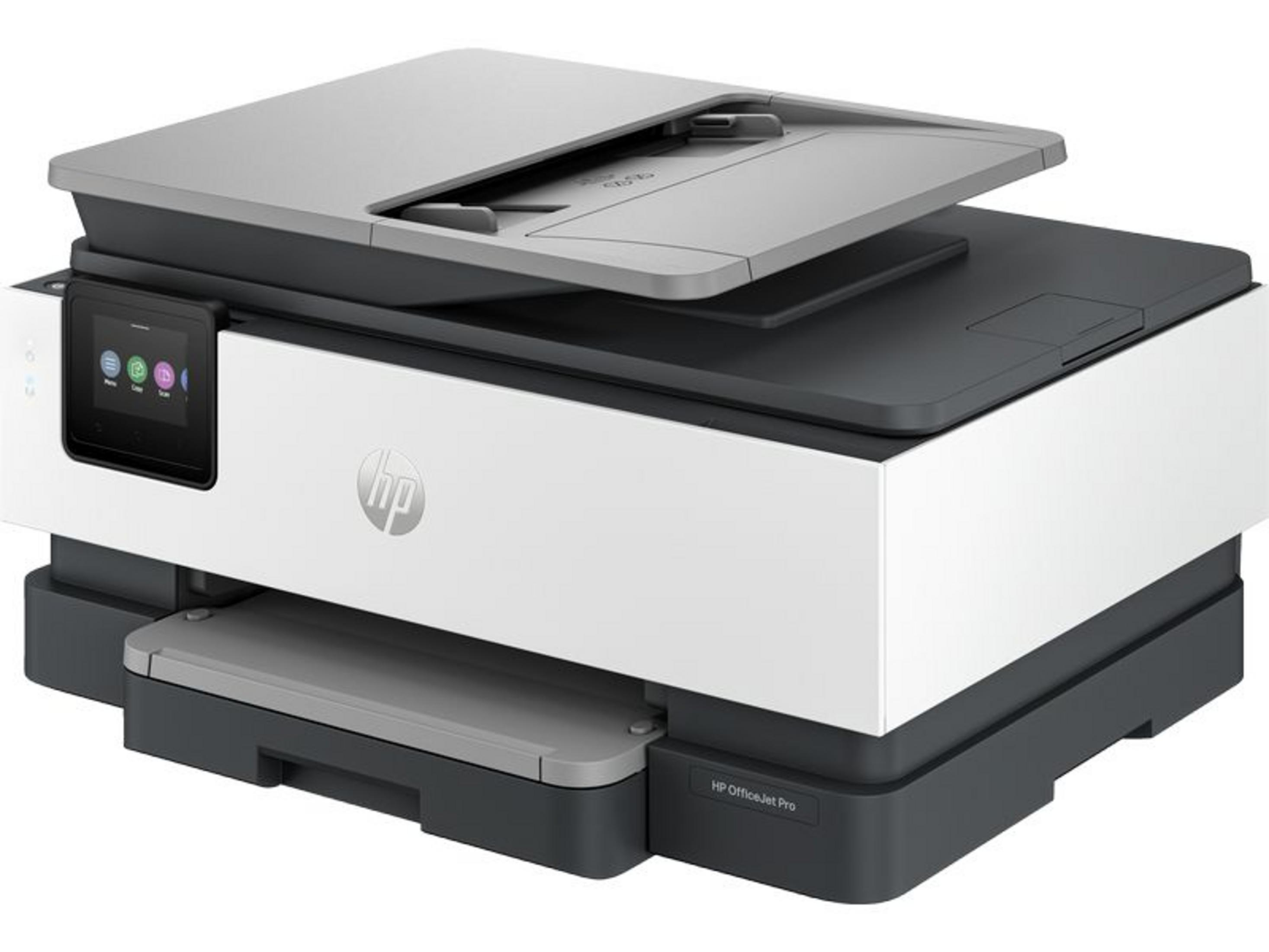 A modern HP OfficeJet Pro printer in black and white with a touchscreen.