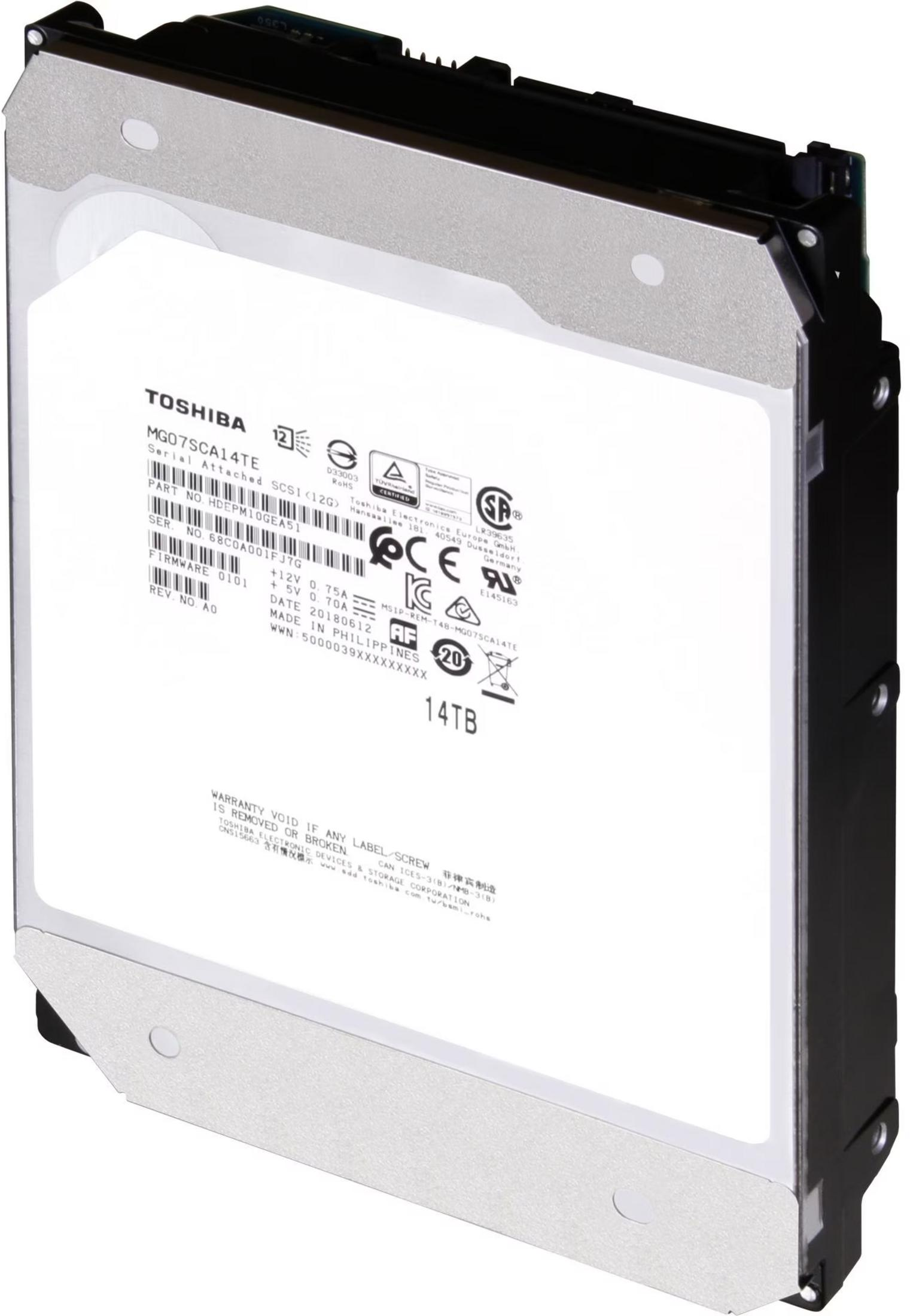 Hard disk Toshiba da 14TB, modello MG07SCA14TE, argento e nero.