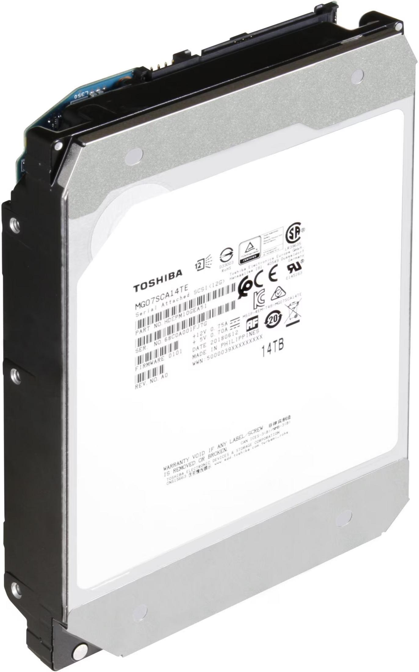 Hard disk Toshiba da 14TB con interfaccia SCSI, modello MG07SCA14TE.