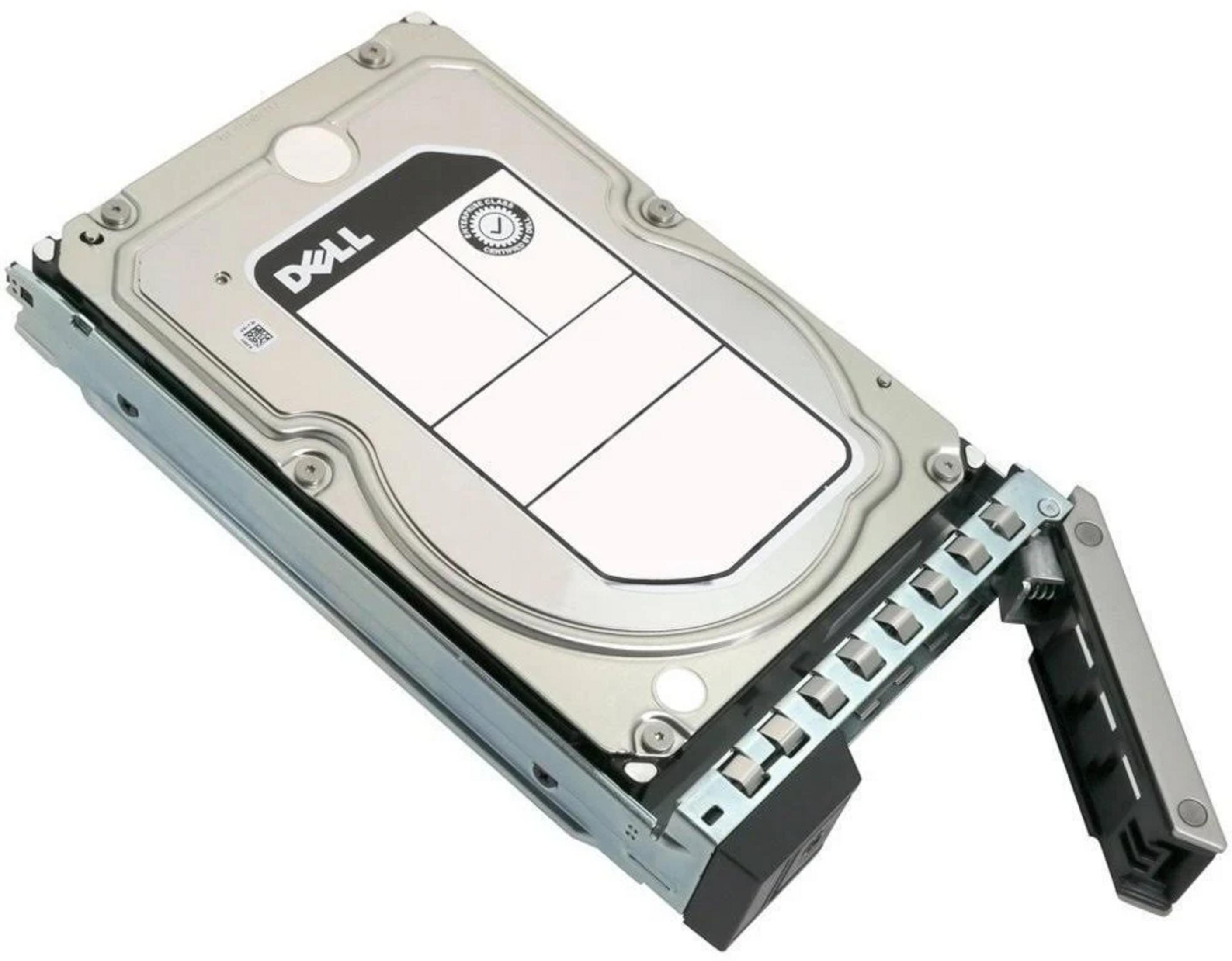 Un hard disk Dell con scocca argentata e connettori neri su sfondo bianco.